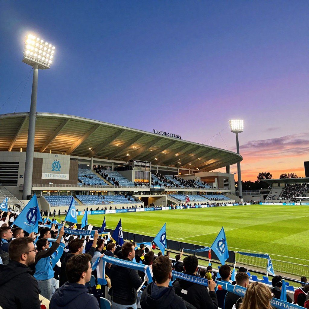 A stunning view of Stade Vélodrome during a vibrant match evening, showcasing the iconic exterior of the stadium with its sweeping, modern architecture and illuminated facade. In the foreground, excited fans wearing Marseille colors, waving flags and scarves, create an animated atmosphere. The middle ground features the stadium's main entrance, bustling with supporters, while impressive floodlights cast a warm glow over the scene. In the background, a twilight sky transitions from deep blue to warm oranges and purples, enhancing the stadium's grandeur. Capture the energy of a Champions League match, with a wide-angle lens that amplifies the stadium’s depth and scale, creating an exhilarating and passionate mood.