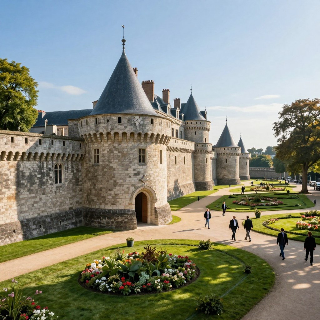 A stunning view of the Citadelle de Lille, showcasing its impressive fortified walls and bastions in the foreground, surrounded by lush green lawns and flowering gardens. The scene captures the historical architecture with intricate stone details under a clear blue sky, emphasizing the impressive star-shaped design of the citadel. In the middle ground, visitors in professional attire explore the site, creating an atmosphere of discovery and admiration. The background features soft morning light filtering through the trees, casting dappled shadows on the ground, enhancing the serene and inviting mood. The composition is taken from a slightly elevated angle, providing a dynamic perspective that highlights the citadel’s grandeur against the vibrant landscape. No text or people are distracting from the beautiful historical site.
