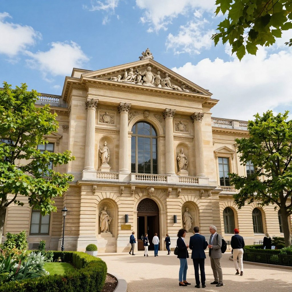 A stunning view of the Musée des Beaux-Arts de Lille, showcasing its grand neoclassical facade adorned with intricate sculptures and elegant columns in the foreground. The middle ground features the museum's entrance, where visitors dressed in smart casual attire are engaged in lively conversation. Lush greenery from surrounding trees adds a touch of nature, framing the scene beautifully. In the background, a clear blue sky with soft clouds enhances the overall brightness of the image. Use warm, natural lighting to create a welcoming atmosphere, and capture the scene from a low angle to emphasize the museum's grandeur. Aim for a vibrant and inviting mood, reflecting the cultural richness of northern France's art scene. A stunning view of the Musée des Beaux-Arts de Lille, showcasing its grand neoclassical facade adorned with intricate sculptures and elegant columns in the foreground. The middle ground features the museum's entrance, where visitors dressed in smart casual attire are engaged in lively conversation. Lush greenery from surrounding trees adds a touch of nature, framing the scene beautifully. In the background, a clear blue sky with soft clouds enhances the overall brightness of the image. Use warm, natural lighting to create a welcoming atmosphere, and capture the scene from a low angle to emphasize the museum's grandeur. Aim for a vibrant and inviting mood, reflecting the cultural richness of northern France's art scene.