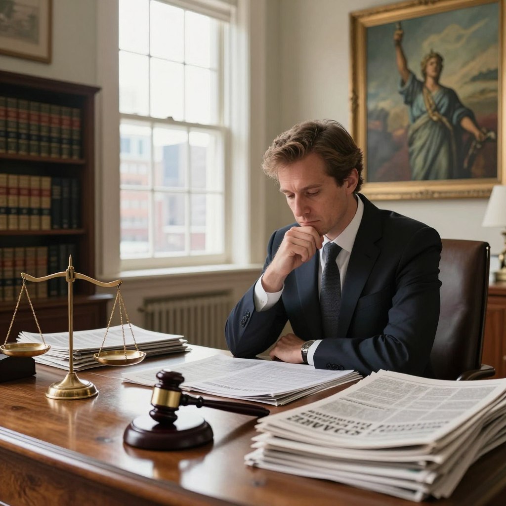 A symbolic representation of press legislation, featuring a well-dressed person at a large wooden desk piled with newspapers and legal documents, deep in thought. In the foreground, a gavel rests next to a balance scale, symbolizing justice. The mid-ground includes shelves lined with law books and an open window revealing a bustling cityscape, conveying the connection between law and society. The background showcases a sunlit room with a large, elegant painting depicting freedom of expression. Soft, warm lighting pours in through the window, creating an inviting atmosphere. Capture a moment of contemplation and decision-making, with a focus on professionalism and significance.