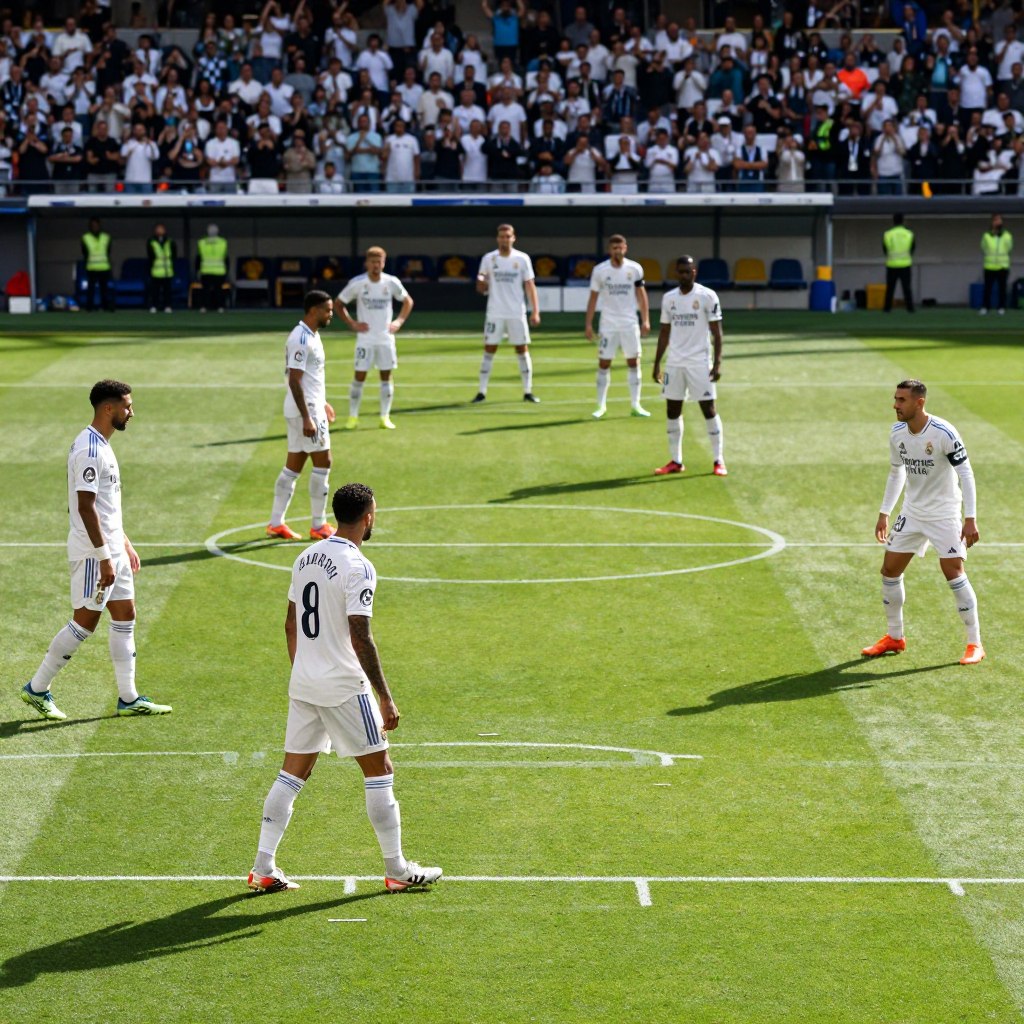 A tactical analysis of Real Madrid's formation during a match. The image showcases the team’s players strategically positioned on the field, demonstrating a classic 4-3-3 formation. In the foreground, highlight key players in crisp white jerseys, showing dynamic poses as they communicate and interact with each other. The middle ground features a vibrant green pitch with strategic markings, emphasizing passing lanes and player movement. In the background, an enthusiastic crowd, blurred slightly to focus on the players, adds energy and atmosphere. Use dramatic lighting to evoke the intensity of the match, with sunlight streaming in at a low angle to cast long shadows on the field. Capture this in a wide-angle shot, portraying a sense of teamwork and tactical sophistication. A tactical analysis of Real Madrid's formation during a match. The image showcases the team’s players strategically positioned on the field, demonstrating a classic 4-3-3 formation. In the foreground, highlight key players in crisp white jerseys, showing dynamic poses as they communicate and interact with each other. The middle ground features a vibrant green pitch with strategic markings, emphasizing passing lanes and player movement. In the background, an enthusiastic crowd, blurred slightly to focus on the players, adds energy and atmosphere. Use dramatic lighting to evoke the intensity of the match, with sunlight streaming in at a low angle to cast long shadows on the field. Capture this in a wide-angle shot, portraying a sense of teamwork and tactical sophistication.