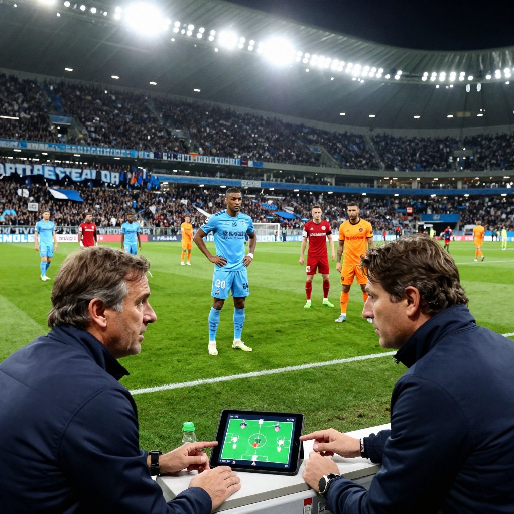 A tactical analysis of the football match between Marseille and Lens, depicted in a vivid stadium setting. In the foreground, two coaches in professional attire intensely discuss strategies, surrounded by a digital tablet displaying formations. The middle ground showcases players from both teams in vibrant uniforms, positioned strategically on the pitch, demonstrating intense concentration and teamwork. The background features a packed stadium under bright, dramatic floodlights, with enthusiastic fans holding banners. The scene is captured in a dynamic angle, emphasizing the action and strategy at play, creating an atmosphere of tension and anticipation. The lighting highlights the players and coaches, casting sharp contrasts that evoke excitement and drama.
