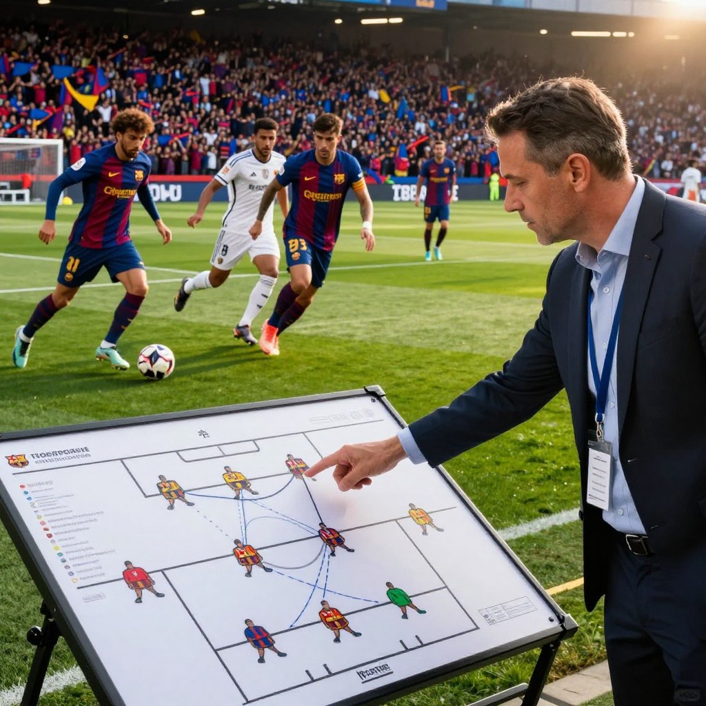 A tactical analysis scene focusing on a soccer pitch during a match between FC Barcelona and Real Oviedo. In the foreground, a skilled sports analyst is shown, dressed in smart casual attire, pointing towards a large tactical board filled with player formations, passes, and strategies. The middle ground features players in action, showcasing their intense concentration and skills, captured with dynamic poses as they maneuver the ball. The background includes a vibrant crowd of fans in Barcelona colors, creating an electrifying atmosphere. The lighting is bright and dramatic, suggesting early evening sunlight, while the angle is slightly elevated to capture both the tactical board and the players on the field, imparting a sense of depth and engagement in the atmosphere of the match.