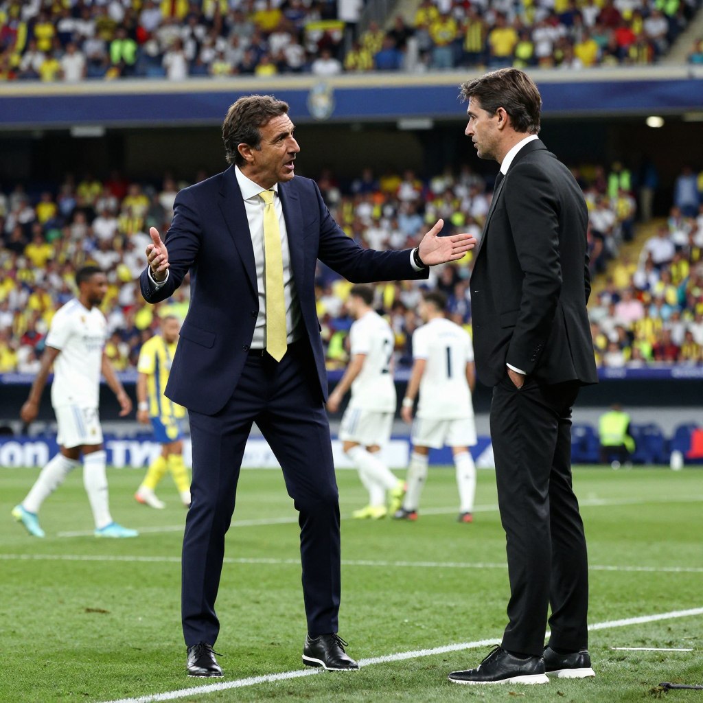 A tense moment captured in a football stadium, featuring two coaches: the Villarreal manager and the Real Madrid manager. In the foreground, the Villarreal coach, a middle-aged man in a sharp, navy suit with a yellow tie, appears animated, gesturing passionately as he discusses tactics. Adjacent to him, the Real Madrid coach, a younger man dressed in a sleek black suit, listens intently with a focused expression. The middle ground shows a vibrant football field with players in action during a match. In the background, a packed stadium, with fans in yellow and white colors, creates a lively atmosphere. The image is brightly lit, with a focus on the coaches’ expressions, shot from a slightly elevated angle to capture the intensity and excitement of the moment.