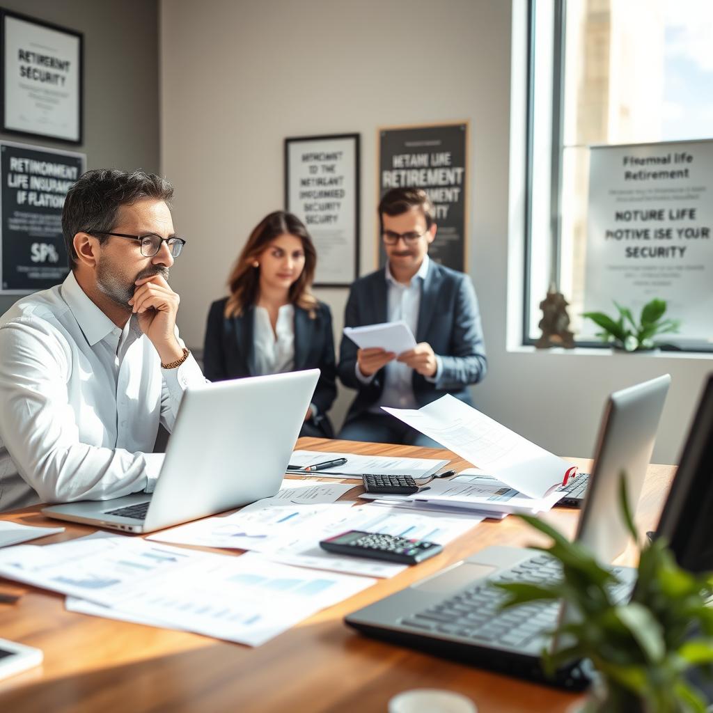 A thoughtful financial advisor in a modern office setting, intently reviewing retirement life insurance options with a professional couple. The foreground features a wooden desk cluttered with financial documents, a laptop with graphs, and a calculator. In the middle ground, the couple, dressed in professional business attire, attentively listens and takes notes. The background shows a large window with soft, natural light streaming in, illuminating the room with a warm, inviting atmosphere. The walls are decorated with framed certificates and motivational posters about financial security, emphasizing the importance of making informed decisions. The overall mood is focused and optimistic, reflecting the significance of planning for retirement.