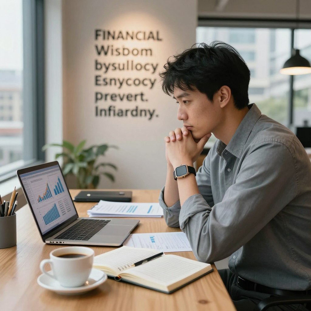 A thoughtful individual sits at a modern workspace, surrounded by financial documents and a laptop displaying graphs and charts, reflecting on their financial decisions. In the foreground, a cup of coffee and a notebook filled with notes emphasize focus and contemplation. In the middle ground, a wall adorned with motivational quotes about financial wisdom and psychology influences the atmosphere. The background features soft lighting, creating a warm and inviting ambiance, with a large window showing a bustling cityscape, symbolizing opportunities and challenges. The mood is introspective, encouraging viewers to consider the integration of psychological factors in financial decision-making. The scene is framed at a slight angle, highlighting the subject's thoughtful expression, dressed in professional business attire.