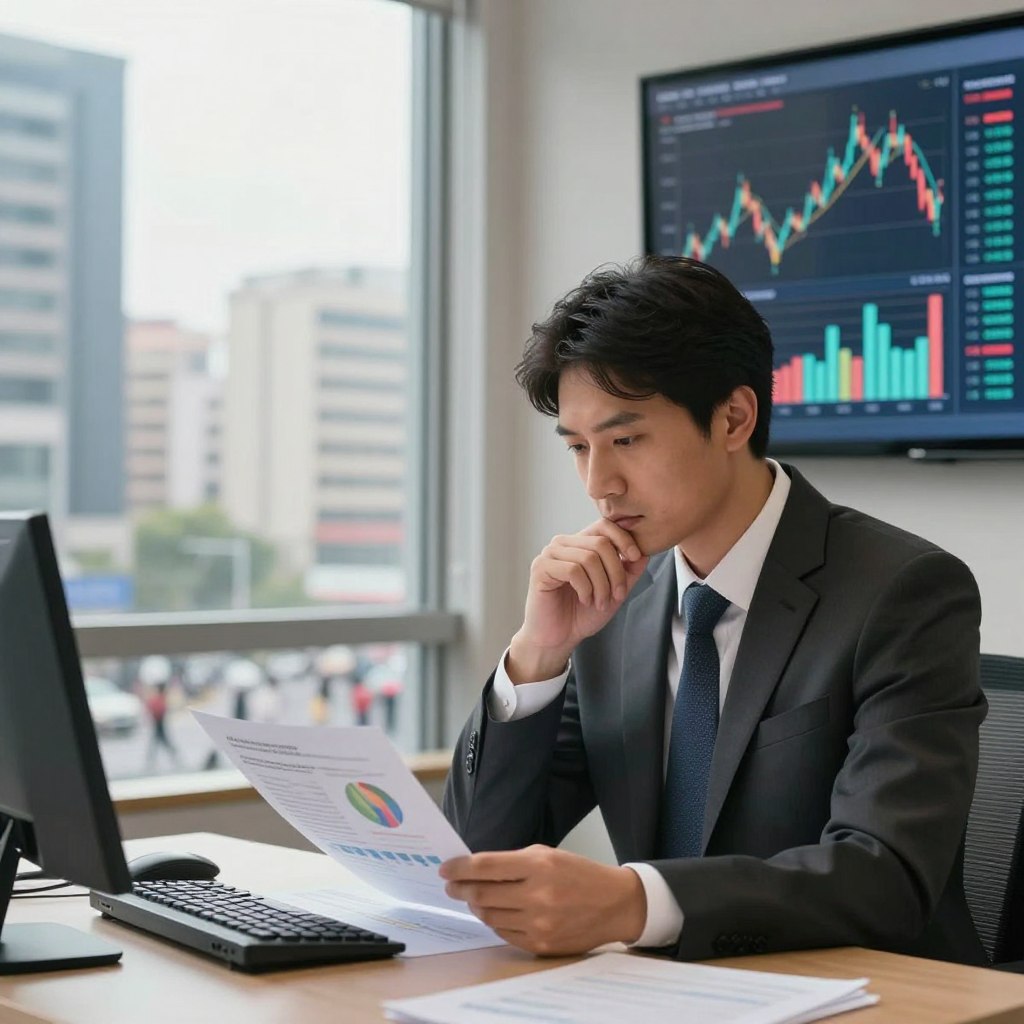 A thoughtful representation of fiscalité, illustrated through a modern office setting. In the foreground, a professional man in a business suit, deeply engaged in reviewing financial documents and graphs, symbolizing the minister's role in economic decisions. In the middle ground, a large window reveals a cityscape with high-rise buildings and a bustling street, representing the impact of fiscal policies on everyday citizens. The background features a digital screen displaying fluctuating financial charts, emphasizing economic dynamics. Soft, natural lighting filters through the window, creating a warm and inviting atmosphere. The overall mood conveys seriousness and importance, highlighting the connection between government decisions and public welfare, without any text or additional distractions.