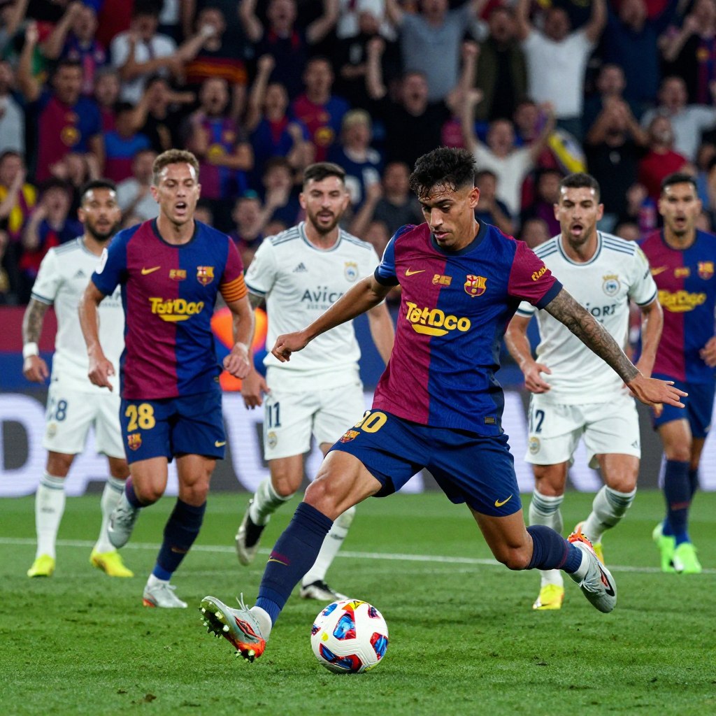 A thrilling soccer moment captured during a tense match between FC Barcelona and Real Oviedo, showcasing a decisive play. In the foreground, a Barcelona player in a vibrant blue and garnet kit is skillfully tackling the ball, eyes focused with determination. In the middle ground, teammates and opponents are dynamically reacting, adding excitement. The background features a packed stadium with fans, their expressions a mix of anticipation and joy, cheers resonating through the air. The scene is illuminated by vibrant stadium lights that highlight the intensity of the moment, with a slight motion blur to emphasize action. Capture the energy and atmosphere of a pivotal moment in a high-stakes game, evoking the spirit of competition.