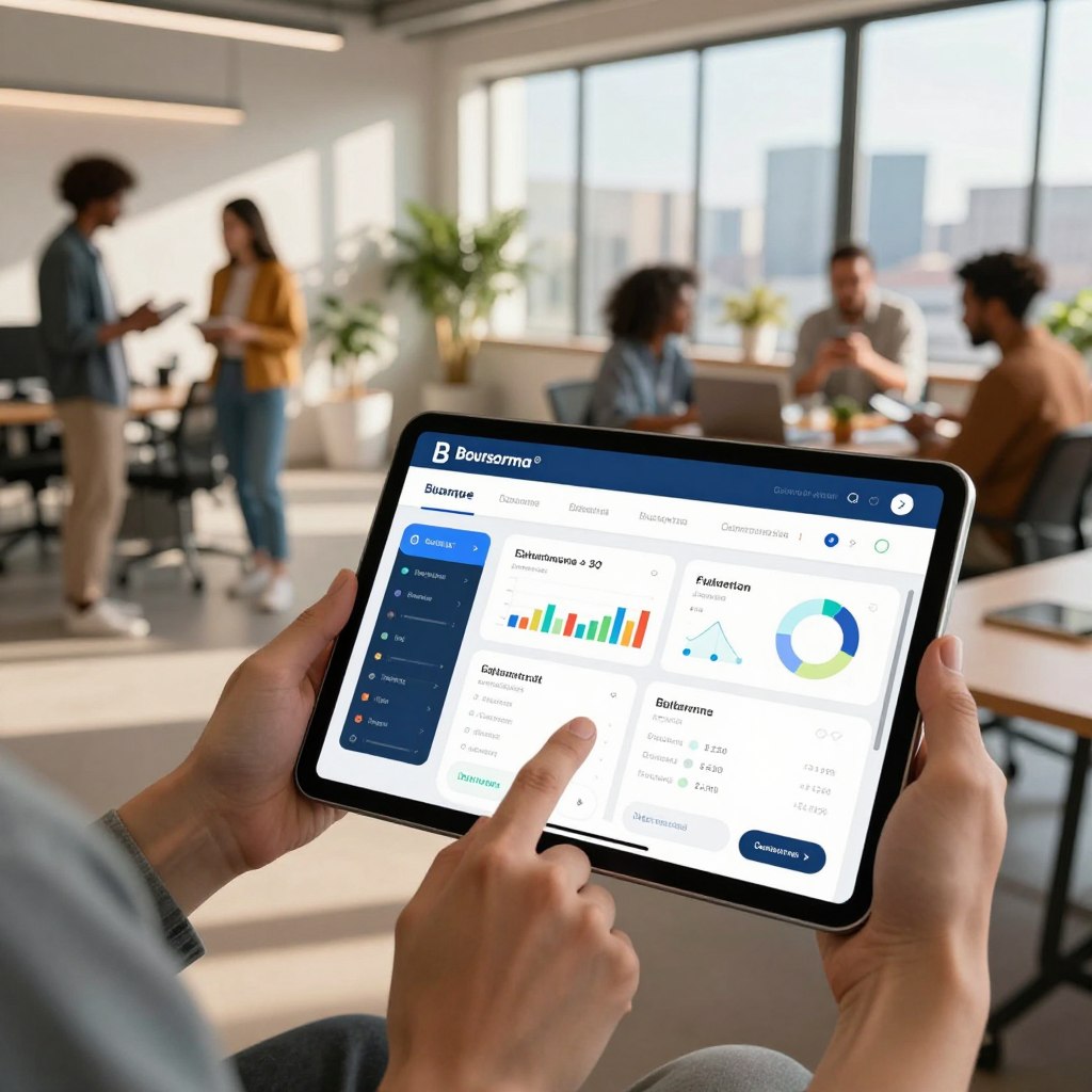 A user-friendly digital banking platform interface displays the Boursorama Banque app on a sleek tablet, held by a diverse group of individuals dressed in smart casual attire. In the foreground, their hands interact with the colorful, intuitive app graphics showcasing seamless navigation, financial statistics, and personalized dashboard features. The middle ground includes a bright, modern office space filled with natural light, featuring contemporary furniture and plants that create a welcoming atmosphere. The background reveals a large window with a panoramic city skyline, enhancing the feeling of connectivity. Warm, ambient lighting casts soft shadows, creating an inviting mood. The overall composition highlights the ease of use and innovative design of Boursorama Banque's user experience, embodying trust and efficiency.