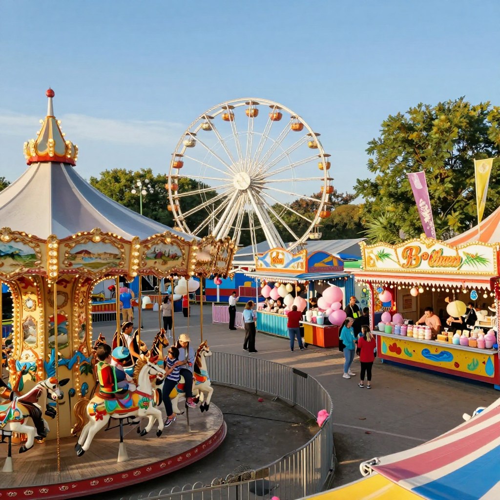 A vibrant amusement park scene in the North of France, showcasing a variety of thrilling rides and attractions. In the foreground, a family of four with modest casual clothing enjoys a carousel adorned with colorful horses. In the middle ground, a large Ferris wheel spins against a clear blue sky, adding a sense of adventure. Numerous stalls selling cotton candy and snacks are located nearby, filled with people laughing and enjoying their day. The background features lush greenery and decorative banners fluttering in the breeze, enhancing the cheerful atmosphere. The sunlight bathes the scene in warm illumination, creating a joyful and inviting mood, reminiscent of a perfect family day out. The angle is slightly elevated, capturing the lively energy of the park while ensuring a broad view of the attractions. A vibrant amusement park scene in the North of France, showcasing a variety of thrilling rides and attractions. In the foreground, a family of four with modest casual clothing enjoys a carousel adorned with colorful horses. In the middle ground, a large Ferris wheel spins against a clear blue sky, adding a sense of adventure. Numerous stalls selling cotton candy and snacks are located nearby, filled with people laughing and enjoying their day. The background features lush greenery and decorative banners fluttering in the breeze, enhancing the cheerful atmosphere. The sunlight bathes the scene in warm illumination, creating a joyful and inviting mood, reminiscent of a perfect family day out. The angle is slightly elevated, capturing the lively energy of the park while ensuring a broad view of the attractions.