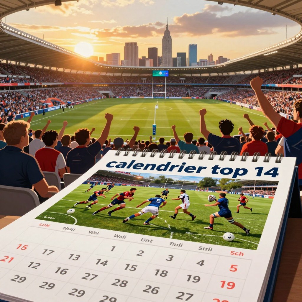 A vibrant and dynamic illustration representing "calendrier top 14," showcasing a professional sports-themed calendar. In the foreground, focus on a richly detailed calendar page displaying rugby match dates against a backdrop of a rugby field filled with players in action, emphasizing teamwork and competition. The middle ground features a stadium filled with enthusiastic fans, wearing team jerseys, expressing excitement. In the background, a panoramic view of the city skyline at sunset casts warm, golden lighting over the scene, creating an inspiring atmosphere of community and engagement. The image should evoke feelings of anticipation and unity, highlighting the economic impact and cultural significance of this premier rugby tournament. Use a wide-angle lens to capture the full scope of the event with a slightly dramatic perspective.