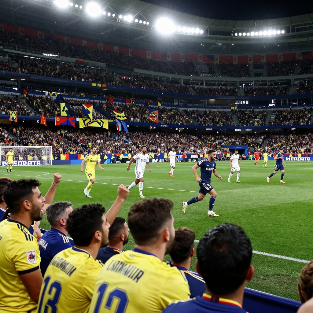A vibrant and dynamic scene capturing the intense atmosphere of a live football match between Villarreal and Real Madrid. In the foreground, a diverse group of excited fans is depicted, wearing team jerseys, cheering passionately. The middle ground showcases football players engaged in an energetic moment of the game, displaying skillful footwork and teamwork. The background features the iconic stadium packed with spectators, with colorful banners and flags waving. The lighting should emulate the bright stadium floodlights, creating sharp contrasts and highlighting the players' movements, while a slightly blurred focus captures the fast-paced action. The overall mood is tense and exhilarating, encapsulating the spirit of competitive sports and post-match discussions.