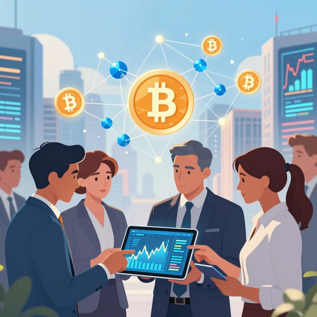 A vibrant and engaging digital illustration representing decentralized finance (DeFi). In the foreground, a diverse group of professionals in business attire, including a male and female, are collaboratively discussing financial charts on a sleek digital tablet, showcasing innovative DeFi applications. The middle ground features dynamic visual elements like interconnected blockchain nodes and cryptocurrency symbols, symbolizing the core of decentralized finance. The background captures a modern cityscape with high-tech buildings and glowing screens displaying financial data and graphs, emphasizing a digital economy. Utilize bright, optimistic lighting to create an atmosphere of progress and innovation, with a slight focus on the foreground to highlight engagement among the professionals. The composition should evoke a sense of collaboration and forward-thinking in finance. A vibrant and engaging digital illustration representing decentralized finance (DeFi). In the foreground, a diverse group of professionals in business attire, including a male and female, are collaboratively discussing financial charts on a sleek digital tablet, showcasing innovative DeFi applications. The middle ground features dynamic visual elements like interconnected blockchain nodes and cryptocurrency symbols, symbolizing the core of decentralized finance. The background captures a modern cityscape with high-tech buildings and glowing screens displaying financial data and graphs, emphasizing a digital economy. Utilize bright, optimistic lighting to create an atmosphere of progress and innovation, with a slight focus on the foreground to highlight engagement among the professionals. The composition should evoke a sense of collaboration and forward-thinking in finance.