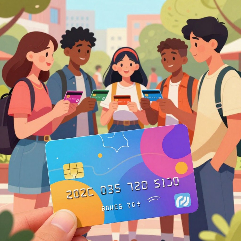 A vibrant and engaging illustration of a prepaid card designed for teenagers, featuring a modern, colorful aesthetic. The foreground displays the prepaid card prominently, showing its unique design with appealing graphics and patterns that resonate with a youthful vibe. In the middle ground, a group of diverse teenagers, dressed in casual, trendy clothing, are interacting happily while holding the cards, representing a sense of community and excitement. The background features a lively urban environment, such as a city park or café, with soft natural lighting that gives a warm, inviting atmosphere. The image captures a sense of youthful energy and financial empowerment, showcasing how prepaid cards can be a practical tool for teens. Focus on clear details and vibrant colors to make the image appealing and relatable for a young audience.