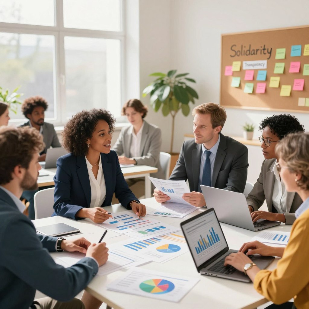 A vibrant and engaging illustration symbolizing "Solidaires Finances Publiques," featuring a diverse group of professionals gathered around a large table adorned with charts, graphs, and financial documents. In the foreground, a woman in a smart business outfit is passionately discussing a financial strategy with a man in professional attire, while a third individual, a middle-aged woman, is analyzing a financial graph on a laptop. The middle ground captures other team members engaged in discussions, with a large window illuminating the room with natural light, casting soft shadows. In the background, a bulletin board displays key values like "Solidarity," "Transparency," and "Innovation" written on colorful sticky notes. The overall atmosphere is one of collaboration, professionalism, and positive energy, reflecting the key values of Solidaires Finances Publiques. Use a well-balanced perspective, and ensure the scene is warm and inviting.