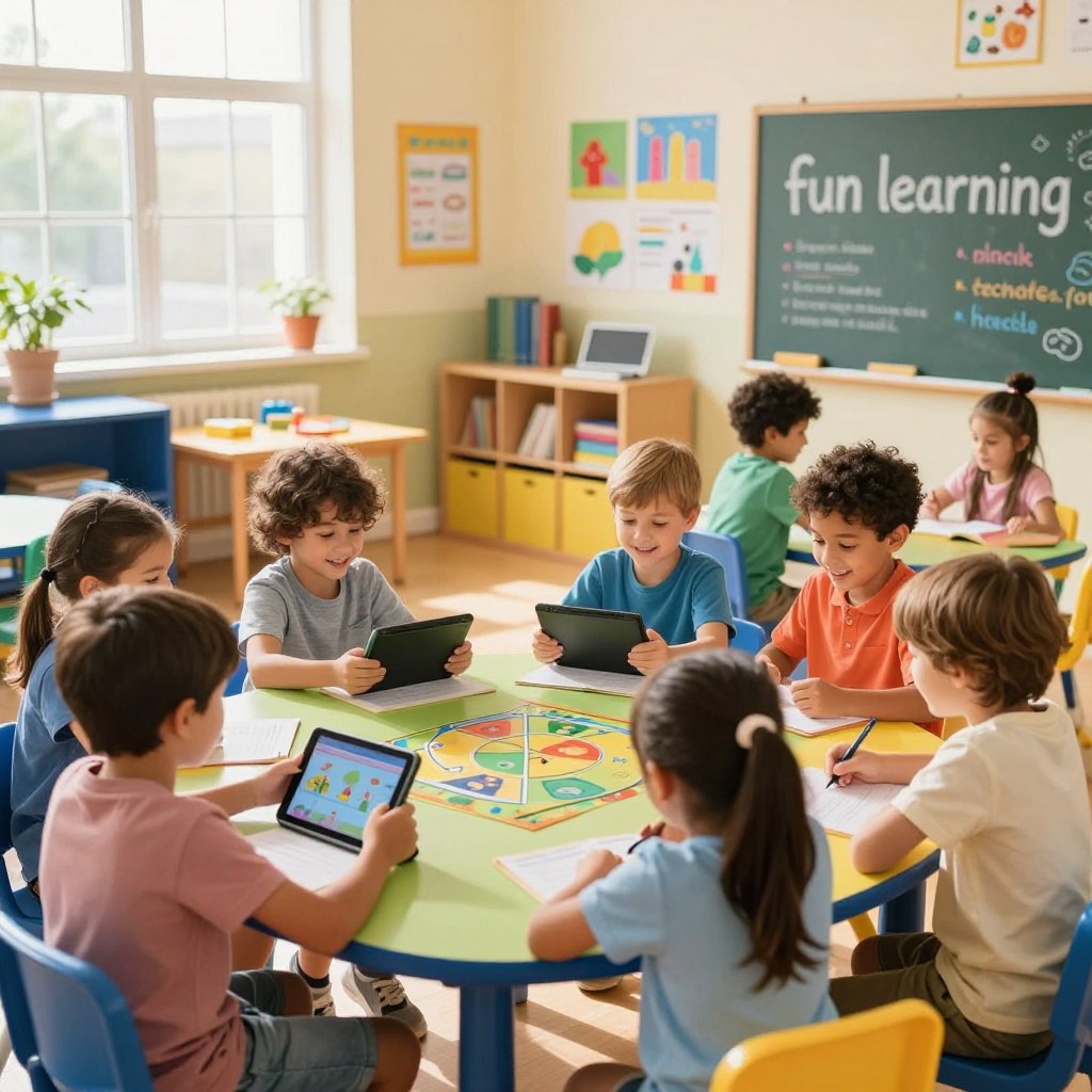 A vibrant and engaging learning environment showcases the concept of "fun learning." In the foreground, a diverse group of children sits around a colorful table, engrossed in interactive educational games—some with tablets, others holding books. Their expressions are joyful and curious, reflecting the excitement of discovery. In the middle ground, a playful classroom filled with bright posters, learning materials, and a chalkboard illustrating different subjects creates an inviting atmosphere. The background features large windows allowing warm, natural light to flood the room, enhancing the cheerful ambiance. Soft shadows cast by the sunlight add depth, while the overall scene conveys a sense of collaboration and enthusiasm for learning. The color palette is bright and inviting, with hints of blue, yellow, and green to evoke a sense of creativity and joy.