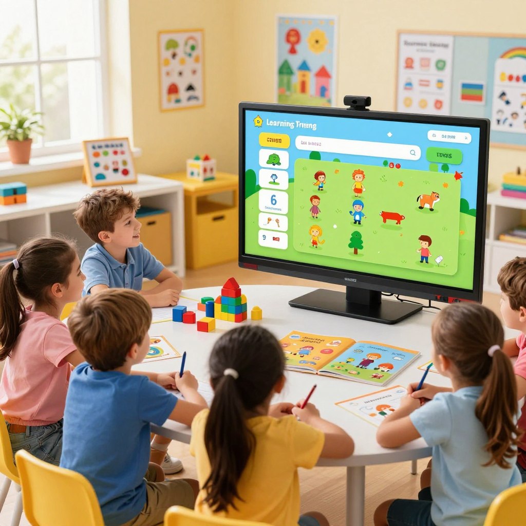 A vibrant and engaging learning platform for children, featuring a digital interface with colorful educational games and activities on a large touchscreen display. In the foreground, diverse children, aged 6-10, are gathered around the screen, enthusiastically interacting with the games while wearing casual, comfortable clothing. In the middle ground, bright educational posters and playful learning tools like building blocks and children's books are spread out on a round table. The background showcases a brightly lit, cheerful classroom environment with windows allowing gentle sunlight to stream in, reflecting an inviting, playful atmosphere. The angle is slightly elevated, capturing both the children's expressions of joy and concentration as they learn through play, conveying a sense of community and engagement.