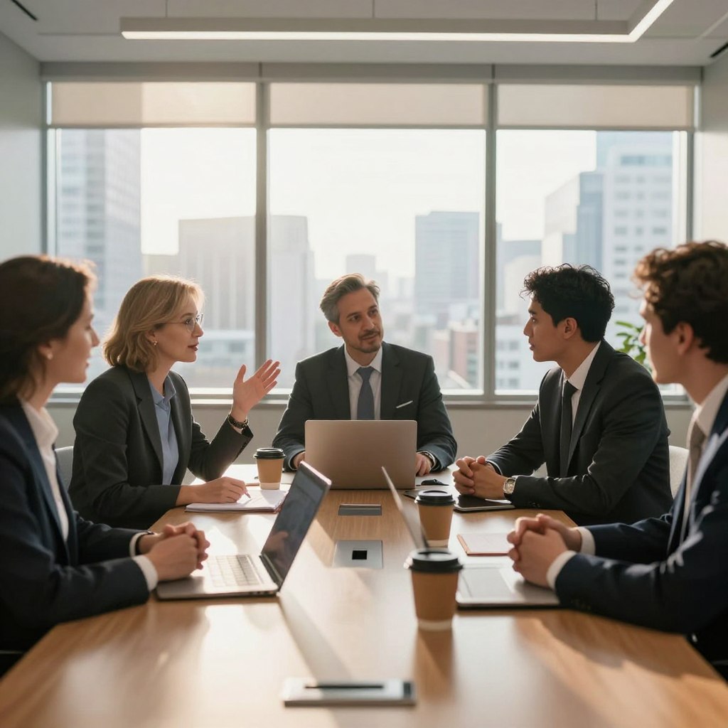 A vibrant and engaging scene depicting a financial forum discussion. In the foreground, a diverse group of three individuals in professional attire, engaged in a lively conversation, with expressions of insight and enthusiasm. In the middle, a conference table is surrounded by laptops, notepads, and coffee cups, suggesting an active exchange of ideas. The backdrop features a modern conference room with a large window overlooking a cityscape, bathed in warm afternoon sunlight, creating a dynamic atmosphere. Soft shadows and reflections on the glossy table enhance the depth. The image conveys a sense of community and collaboration among investors sharing experiences and resources.