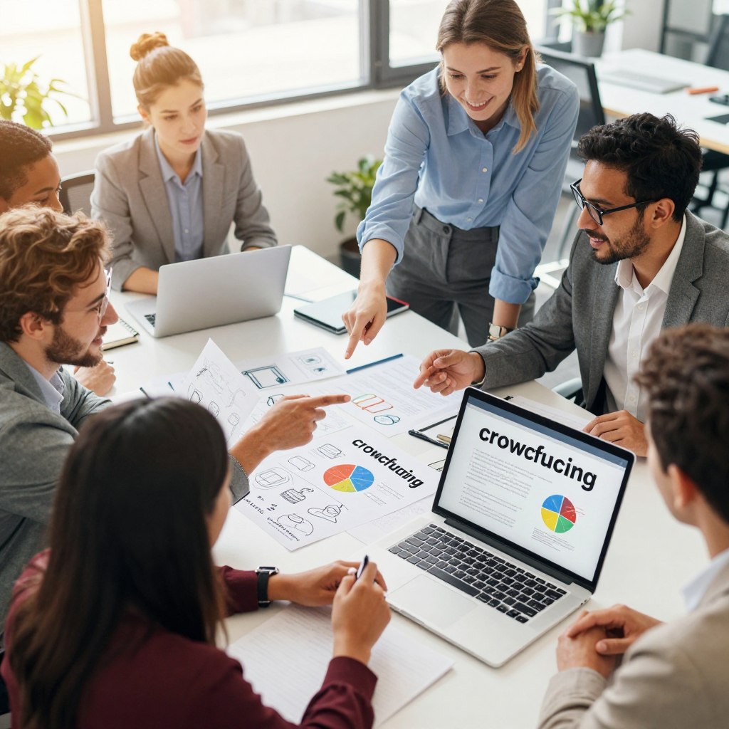 A vibrant and insightful scene illustrating "crowdfunding" with a diverse group of individuals engaging collaboratively around a table, surrounded by documents and digital devices displaying project ideas. In the foreground, three people of different ethnicities and genders, dressed in professional business attire, actively discuss, pointing at a laptop screen. In the middle, a notepad filled with sketches and a pie chart visualizing funding needs. The background features a bright, modern office setting with large windows letting in natural light, creating a positive and motivating atmosphere. The overall mood is dynamic and hopeful, emphasizing innovation and collaboration, captured with a slight overhead angle to convey inclusivity and teamwork. The lighting is warm, enhancing the focused discussions.