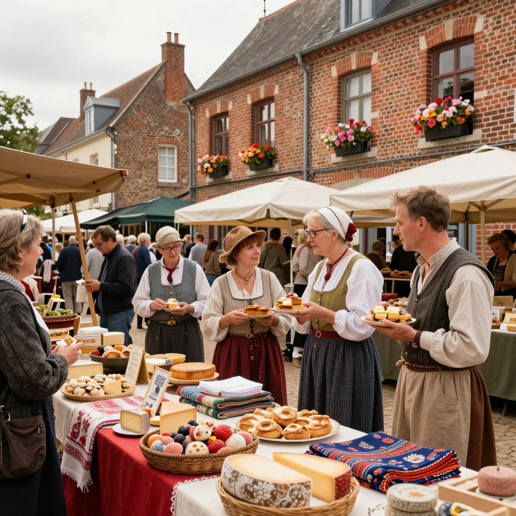 A vibrant depiction of Northern France’s local traditions, featuring a bustling village market scene in the foreground. Colorful stalls display artisanal products like handcrafted cheeses, pastries, and traditional textiles. In the middle ground, people in modest, regional clothing share stories and enjoy local delicacies, showcasing their rich cultural heritage. The background reveals charming brick buildings typical of northern French architecture, with delicate flowers adorning windowsills. Soft, warm daylight filters through, creating a welcoming atmosphere. Capture this moment with a slight tilt-angle lens to emphasize the lively interaction of the villagers and the inviting details of the market. The mood should feel festive and communal, reflecting the essence of local customs and traditions.