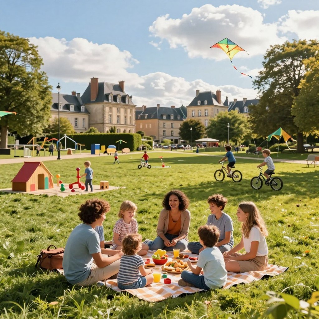 A vibrant family scene in the northern region of France, showcasing a joyful picnic in a lush green park with a view of historical architecture in the background. Foreground features a diverse family, dressed in casual, modest clothing, sitting on a checkered blanket, laughing and sharing food. The middle ground includes children's play areas with classic wooden toys and fun activities like kite flying and cycling. The background reveals charming old buildings and a clear blue sky with soft, fluffy clouds, illuminated by warm sunlight. The atmosphere is lively and cheerful, capturing the essence of family bonding in a picturesque northern French landscape, shot with a wide-angle lens to emphasize the expansiveness of the park.
