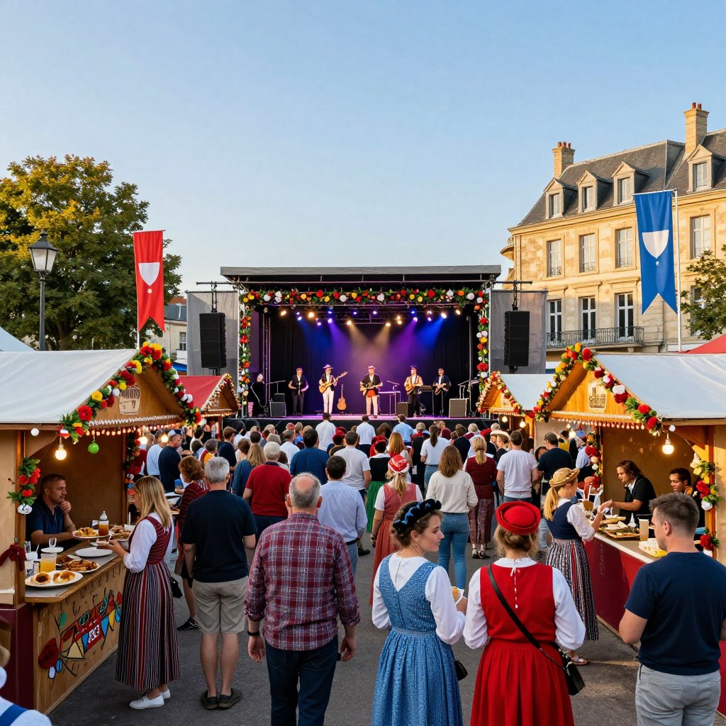 A vibrant festival scene in France, showcasing an array of cultural events. In the foreground, a lively crowd dressed in colorful, modest attire is enjoying traditional food and drinks from beautifully decorated stalls. The middle ground features a grand stage with musicians performing, surrounded by intricate decorations like flowers and lights. In the background, historic French architecture and vibrant banners flutter in the breeze, set under a clear blue sky with soft, golden sunlight casting a warm glow. The overall atmosphere is festive and inviting, capturing the joy and excitement of French festivals, with an emphasis on community and celebration. Use a wide-angle lens to enhance depth, ensuring the scene is filled with life and color.
