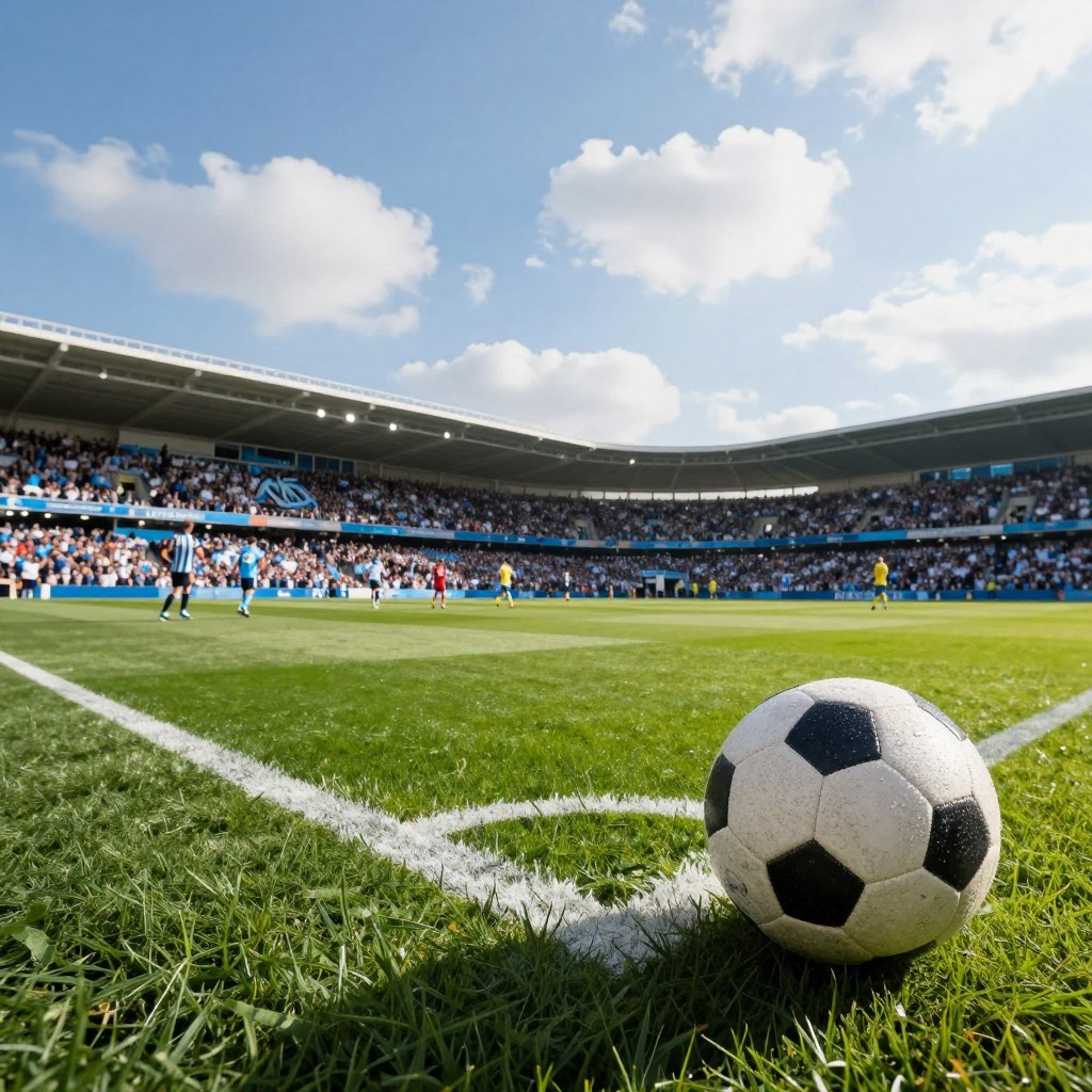 A vibrant football field, perfectly maintained, with deep green grass and vivid white markings outlining the pitch dimensions. In the foreground, a close-up of a textured football, resting on the grass, dew glistening in the morning sunlight. In the middle ground, a panoramic view of the stadium filled with cheering fans dressed in Marseille and Lens colors, creating a lively atmosphere. The background features a clear blue sky with fluffy white clouds, enhancing the sunny day feel. The lighting is soft yet bright, emphasizing a sense of excitement and anticipation. Capture this scene from a dynamic angle, slightly elevated, to showcase the energy of the match and the anticipation of the players entering the field.
