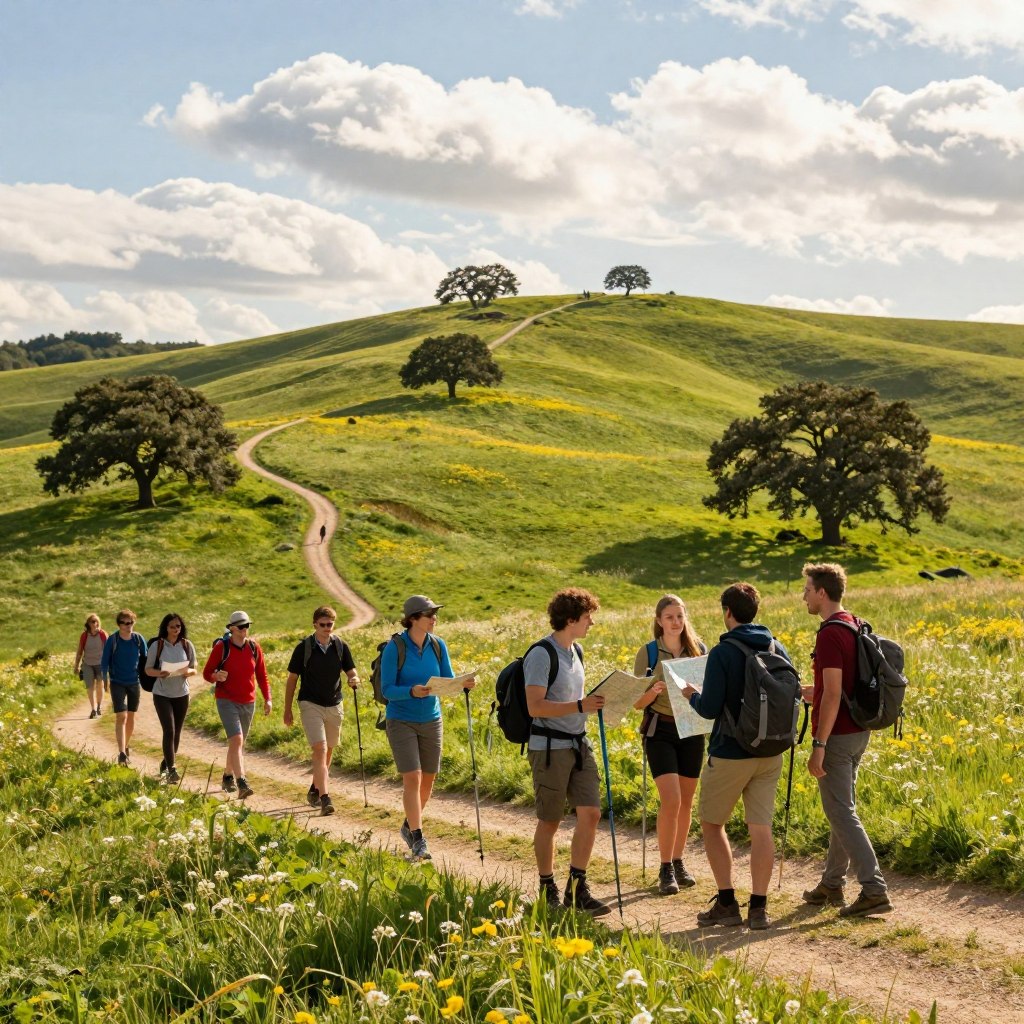 A vibrant hiking scene in the Hauts-de-France region, showcasing a winding trail through lush green countryside. In the foreground, a diverse group of people, dressed in casual outdoor attire, are engaging in an animated discussion while holding maps and trekking poles. In the middle ground, rolling hills dotted with wildflowers and scattered oak trees create a striking landscape, inviting adventurers. In the background, a soft blue sky is adorned with fluffy white clouds, creating a bright and cheerful atmosphere. The lighting is warm and inviting, reminiscent of a late afternoon sun, casting gentle shadows. The image conveys a sense of freedom and exploration, perfect for outdoor activities.