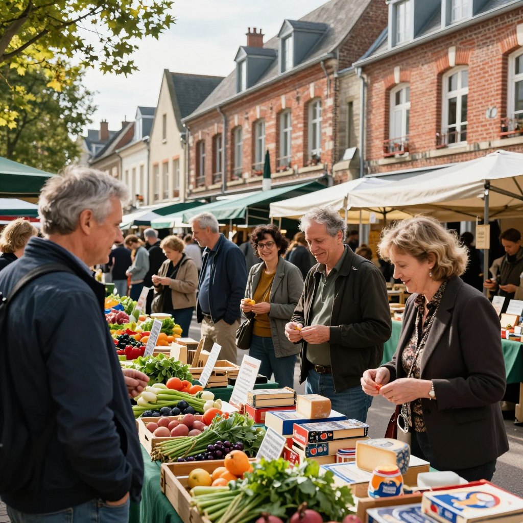A vibrant local market scene in Northern France, bustling with activity. In the foreground, colorful stalls display fresh produce, artisanal cheeses, and handmade crafts, with vendors engaging smilingly with customers. Middle ground features people of diverse ages, dressed in smart casual clothing, browsing the stalls and discussing items. In the background, historic brick buildings with traditional French architecture provide a charming backdrop, while soft daylight filters through, casting pleasant shadows. The atmosphere is lively yet inviting, evoking a sense of community and local culture. The angle of the shot captures the breadth of the market, creating a warm and inviting ambience, emphasizing the importance of local artisans in this unique setting.
