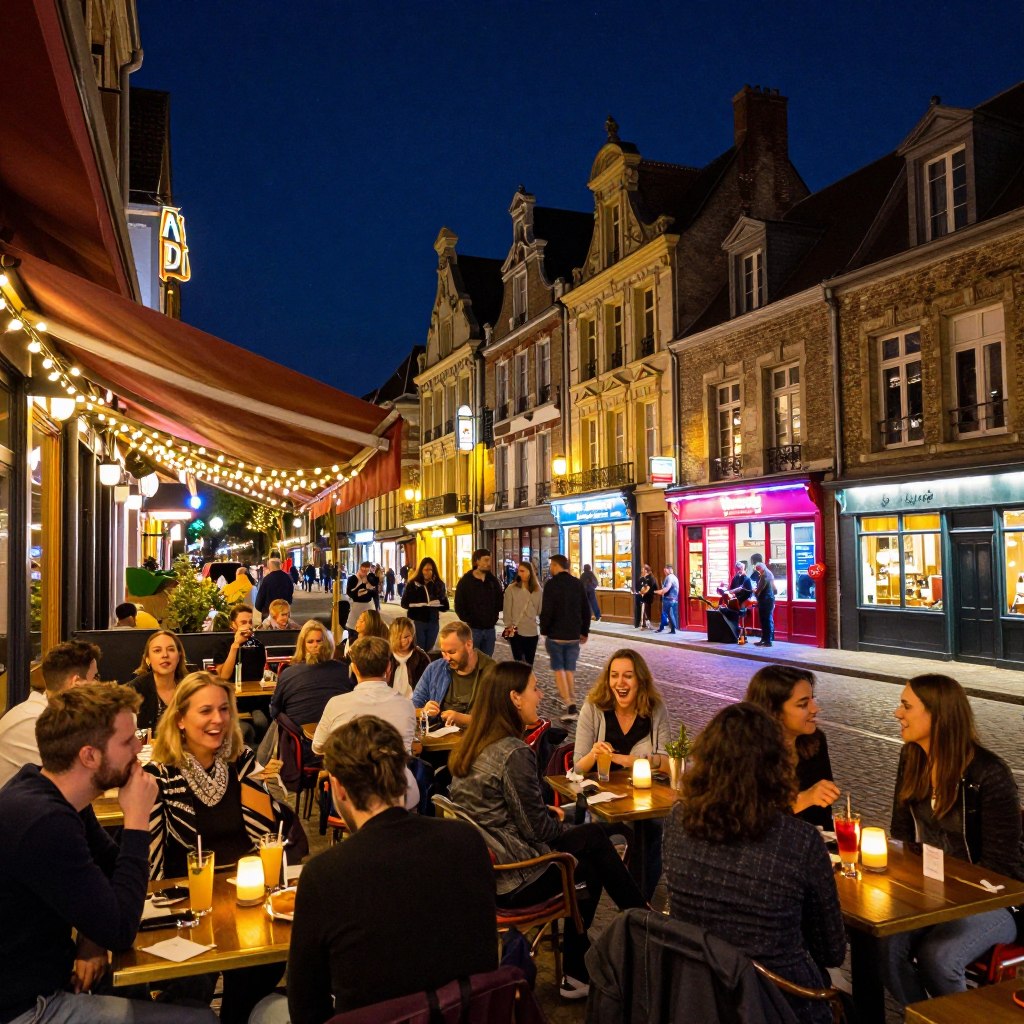A vibrant nighttime scene showcasing the nightlife in the North of France. In the foreground, a lively café terrace filled with people in modest casual attire, enjoying drinks and laughter under warm fairy lights. The middle ground features a bustling street filled with quaint shops, illuminated by colorful neon signs, and musicians playing enchanting melodies. In the background, historical buildings with ornate architecture are softly lit, creating an inviting atmosphere. The sky is a deep indigo with twinkling stars visible above. The scene captures a sense of joy and camaraderie, with an emphasis on the vibrant culture of northern French cities, evoking a warm and festive mood. The composition should be a wide shot, using a slight tilt to convey the dynamic energy of the nightlife.