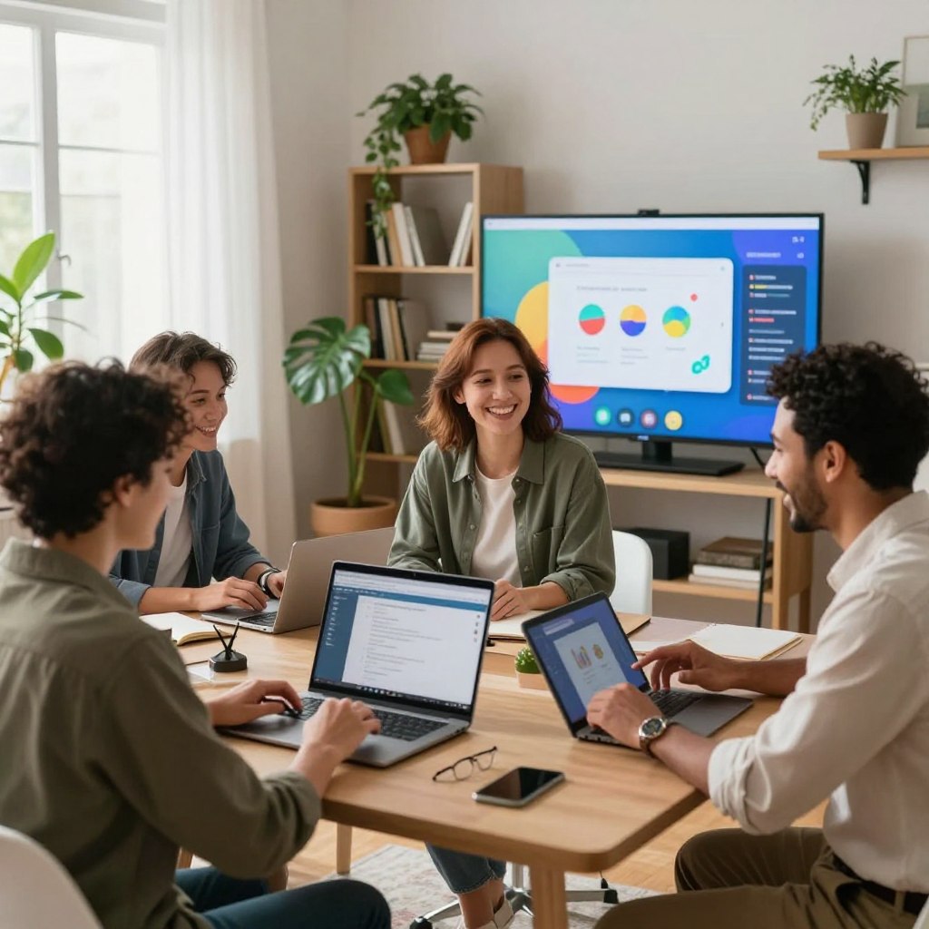 A vibrant online learning environment showcasing a virtual workshop setup. In the foreground, a diverse group of three adults engaged in a lively online session, smiling and wearing smart casual attire, interacting through laptops and digital tablets. In the middle ground, a well-designed virtual classroom, with colorful digital screens displaying educational graphics and interactive tools. The background features a cozy, modern home office setting with plants and bookshelves, illuminated by soft, natural light streaming through a window. The atmosphere is dynamic and cheerful, reflecting creativity and collaboration in digital education. Use a wide-angle lens to capture the immersive feel of the space, ensuring a warm and inviting color palette throughout the image.