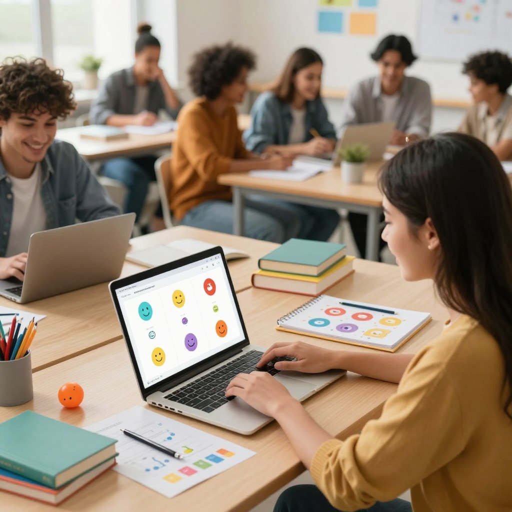 A vibrant online learning platform scene featuring a diverse group of individuals engaged in joyful learning activities. In the foreground, a young woman in smart casual attire is focused on her laptop, surrounded by colorful educational tools like books, tablets, and charts. The middle section displays a digital interface on the laptop with friendly icons symbolizing various subjects, while a lively classroom background shows other learners collaborating and sharing ideas. Soft, warm lighting fills the space, creating an inviting atmosphere for productive learning. The perspective is slightly elevated, offering a panoramic view of this dynamic learning environment, highlighting the concept of learning through enjoyment.