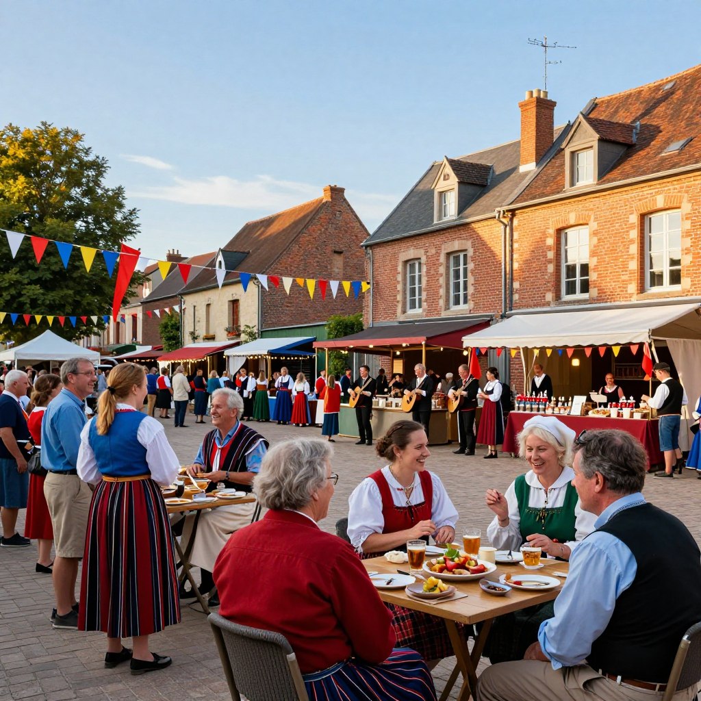 A vibrant outdoor scene capturing the essence of cultural events and festivals in Northern France. In the foreground, a diverse group of people dressed in colorful, modest clothing engage in lively conversation and laughter, enjoying traditional regional food. The middle ground features a charming, historic village square adorned with decorations, stalls displaying local crafts, and musicians playing folk tunes. Flamboyant flags flutter in the gentle breeze, adding a festive atmosphere. In the background, iconic Northern French architecture, such as red-brick buildings and the distinctive rooftops of the region, can be seen under a clear blue sky. The lighting is warm and inviting, suggesting a late afternoon, casting soft shadows that enhance the festive mood. The overall ambiance is joyful and communal, highlighting the richness of Northern French culture.