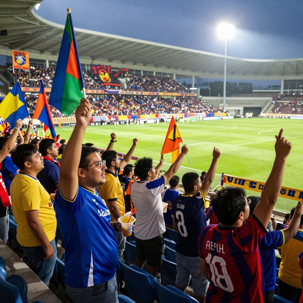 A vibrant scene capturing passionate football supporters in a lively stadium environment during a match. In the foreground, a diverse group of fans in casual clothing, wearing jerseys of their favorite teams, joyfully waving flags and scarves, some holding drinks and snacks. The middle ground features a sea of supporters cheering, their faces filled with excitement, while colorful banners and team flags create a dynamic atmosphere. The background reveals the soccer field, brightly lit under floodlights, with hints of the stadium architecture and a cheering crowd rising from the stands. The lighting is warm and inviting, enhancing the energetic mood of the scene, showcasing the camaraderie and thrill of game day.