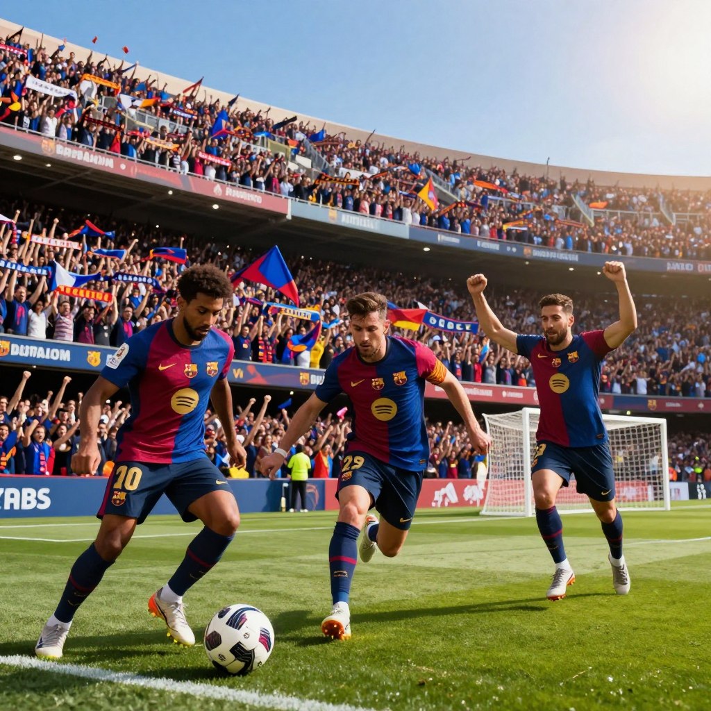 A vibrant scene capturing the essence of Barça's best players in action during a thrilling match against Real Oviedo. In the foreground, a diverse group of three players, showcasing their skill and teamwork, is depicted in dynamic poses—one dribbling the ball, another making a tactical pass, and a third celebrating an exciting goal. They wear the iconic FC Barcelona jersey, with the famous crest visible. The middle ground features cheering fans with scarves and flags waving, adding to the electric atmosphere. The background includes the impressive Camp Nou stadium under a clear blue sky, with the sun casting warm, golden sunlight, enhancing the festive mood. The lens used is slightly wide-angle to capture the crowd and enhance the depth of field, creating a sense of immersion in the moment.