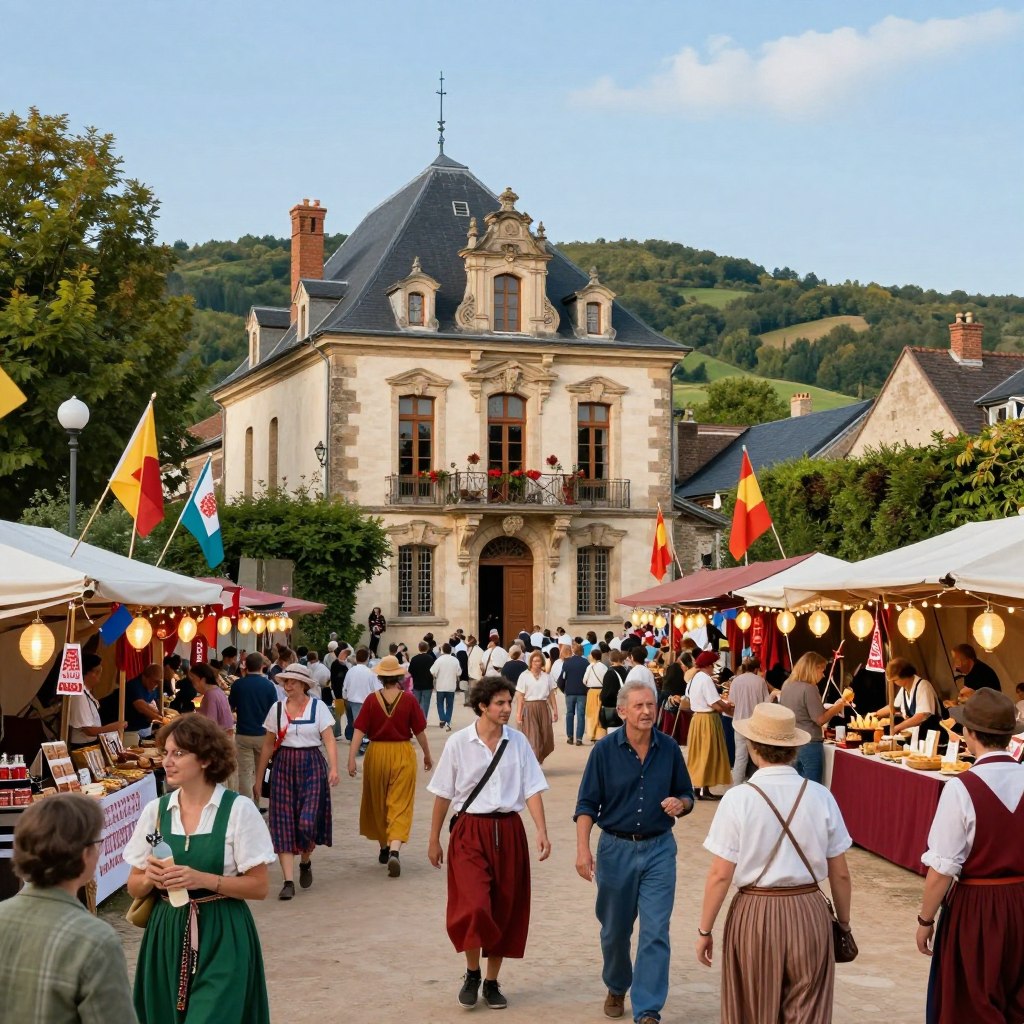A vibrant scene depicting a festive celebration in Northern France, showcasing traditional cultural elements. In the foreground, a diverse group of people in modest, colorful attire joyfully participating in the festival, with decorations like flags and lanterns enhancing the lively atmosphere. The middle ground features an ornate, historic building, showcasing regional architectural details, surrounded by stalls offering local crafts and artisanal foods. In the background, lush greenery and gently rolling hills under a clear blue sky emphasize the region's natural beauty. Soft, warm lighting bathes the scene, creating a welcoming and festive mood, captured from a slightly elevated angle to provide depth and focus on the lively interactions of the festivalgoers.