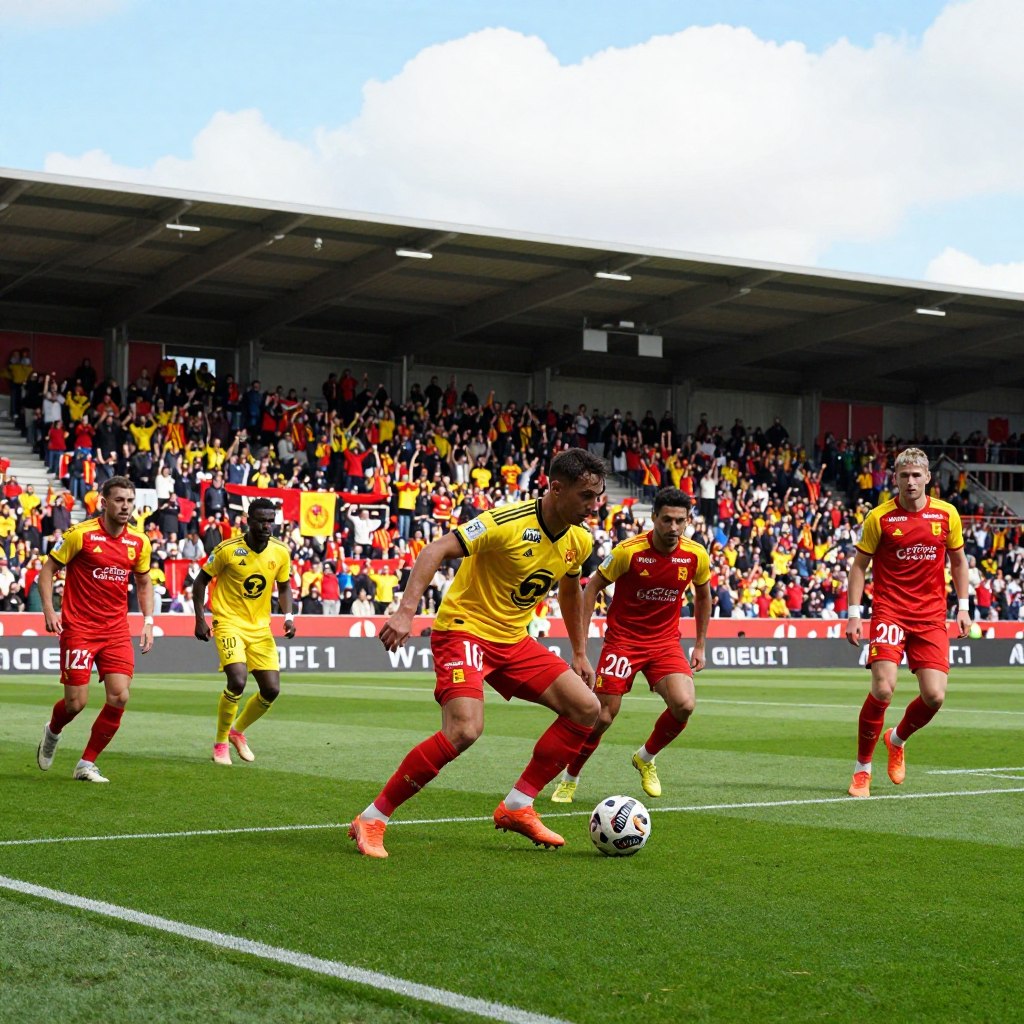 A vibrant scene depicting the Lens football team in action on the pitch during a Ligue 1 match. In the foreground, players in striking red and yellow jerseys display dynamic poses as they engage in a tactical play, showcasing determination and teamwork. The middle ground features the lush green grass of the stadium, with a cheering crowd of fans wearing team colors, creating an atmosphere of excitement and rivalry. The background captures the iconic stadium architecture under a bright, sunny sky, with scattered clouds adding depth to the atmosphere. The lighting is vibrant and natural, enhancing the energy of the scene. The image should evoke a sense of passion and competition, focusing on the spirit of the Lens team in this crucial match.