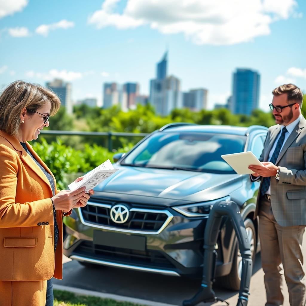 Une scène dynamique illustre le concept d'assurance auto abordable, montrant un groupe de professionnels aux profils variés discutant des options d'assurance en extérieur. Au premier plan, une femme d'âge mûr, élégamment vêtue, feuillette des brochures comparatives, tandis que deux hommes en costume analysent des graphiques sur une tablette. À l'arrière-plan, une voiture moderne garée, symbolisant l'assurance auto, est entourée d'une végétation luxuriante. Au loin, un paysage urbain lumineux sous un ciel d'un bleu éclatant dynamise la scène. Une lumière douce et naturelle renforce l'atmosphère, créant une ambiance chaleureuse et conviviale. La scène transmet un esprit d'équipe et d'échange positif, invitant les spectateurs à aborder sereinement leur recherche d'une assurance adaptée à leur budget.