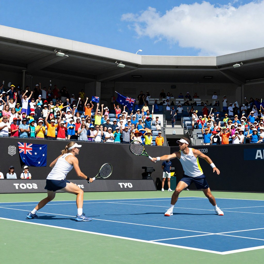 A vibrant scene depicting the dynamic atmosphere of Australia Open events, showcasing tennis players in action on the iconic court. In the foreground, a male and female player, dressed in professional athletic attire, focus intently on their game, with rackets poised mid-swing. The middle ground features enthusiastic fans in colorful clothing and hats, cheering and waving Australian flags, capturing the excitement of the event. In the background, the beautifully designed stadium stands under a bright blue sky, with sunlight casting lively shadows. The overall mood is energetic and inspiring, highlighting the competitive spirit and international camaraderie of the tournament. Use a wide-angle lens to enhance the depth and excitement of this moment. A vibrant scene depicting the dynamic atmosphere of Australia Open events, showcasing tennis players in action on the iconic court. In the foreground, a male and female player, dressed in professional athletic attire, focus intently on their game, with rackets poised mid-swing. The middle ground features enthusiastic fans in colorful clothing and hats, cheering and waving Australian flags, capturing the excitement of the event. In the background, the beautifully designed stadium stands under a bright blue sky, with sunlight casting lively shadows. The overall mood is energetic and inspiring, highlighting the competitive spirit and international camaraderie of the tournament. Use a wide-angle lens to enhance the depth and excitement of this moment.