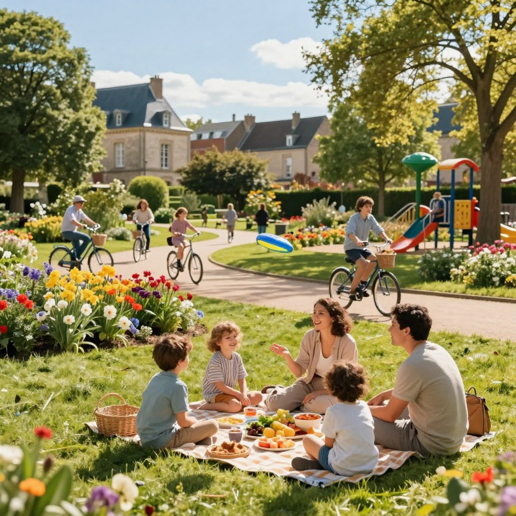 A vibrant scene of family activities in the North of France, showcasing a sunny day in a charming park filled with lush greenery and colorful flowers. In the foreground, a diverse family enjoys a picnic on a checkered blanket, surrounded by a spread of delicious food. Children, dressed in casual, modest clothing, are playing with a frisbee, while parents watch with smiles. In the middle ground, families engage in various activities: some ride bicycles along a winding path, while others explore a nearby playground. The background features traditional French architecture and trees swaying gently in the breeze, with a clear blue sky above. The lighting is warm and inviting, casting soft shadows that enhance the cheerful atmosphere of a perfect family day out.