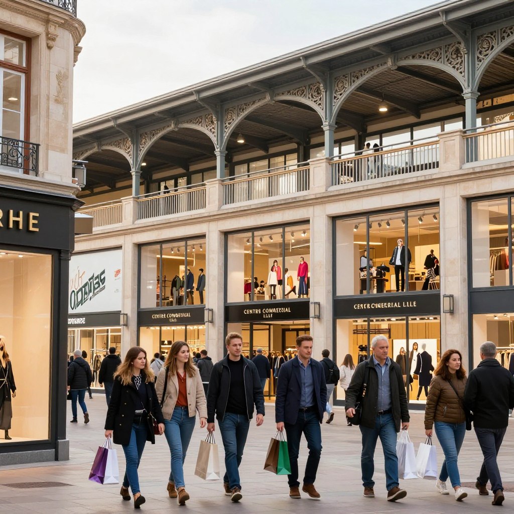 A vibrant scene of the Centre Commercial Lille, showcasing its modern architecture and stylish storefronts. In the foreground, shoppers dressed in smart casual attire stroll along the bustling promenade, carrying shopping bags. The middle ground features elegant shop facades with large glass windows displaying an array of fashion and lifestyle products. The background reveals the impressive structure of the shopping center with its distinctive rooflines and decorative elements. Soft, natural daylight filters through, casting warm tones across the scene, enhancing the invitation to explore. The atmosphere is lively and filled with a sense of excitement, perfectly capturing the essence of shopping in Lille. The angle is slightly elevated, providing a comprehensive view of this shopping destination, while avoiding any distractions like text or logos.