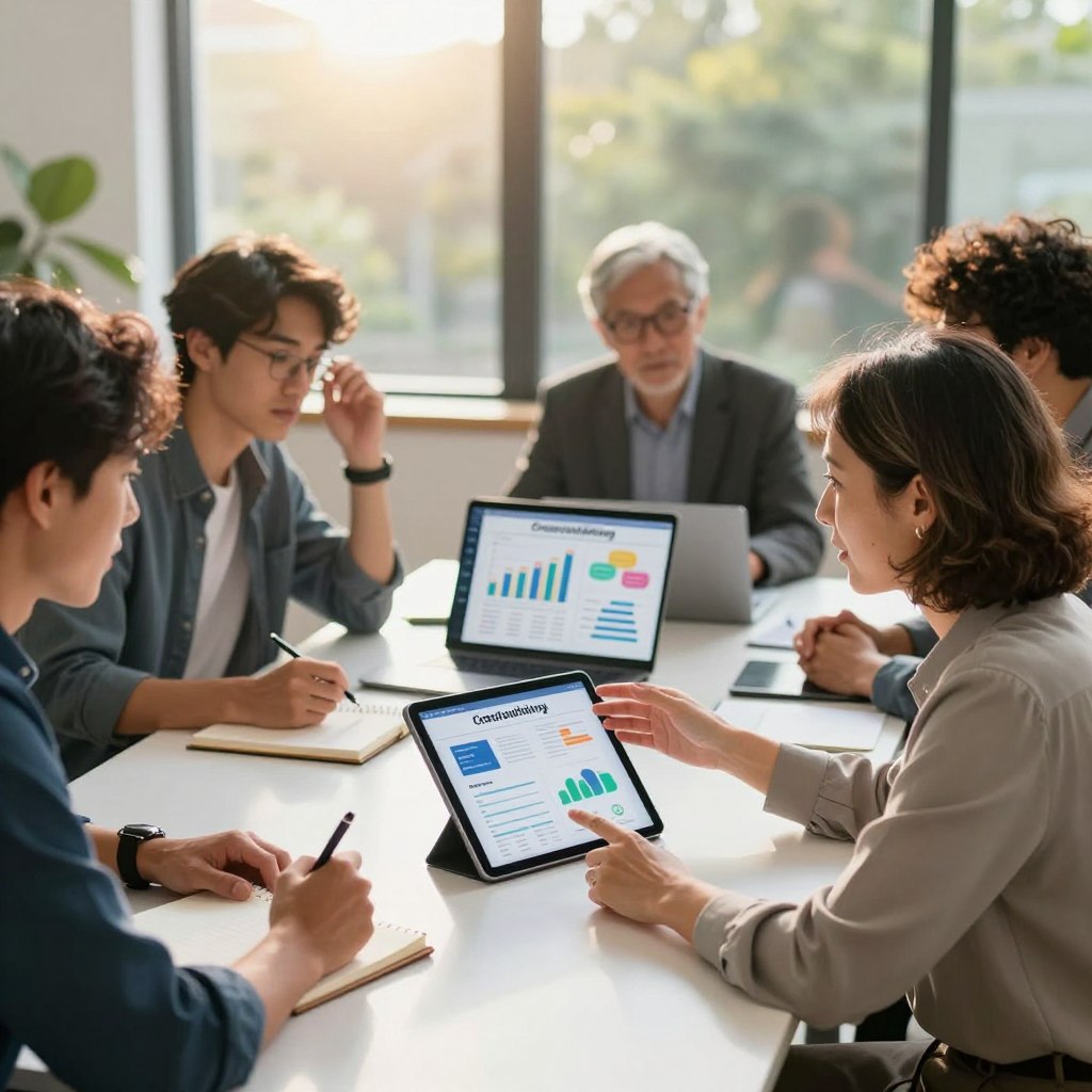 A vibrant scene representing crowdfunding, showcasing a diverse group of professionals gathered around a large table, engaged in animated discussion about innovative project ideas. In the foreground, a middle-aged woman in smart business attire gestures towards a digital tablet displaying a funding platform. To her left, a young man in stylish casual wear takes notes, while a thoughtful older man adjusts his glasses, surveying the scene. In the middle ground, an open laptop displays crowdfunding statistics, with colorful charts and graphs. The background features large windows letting in warm, natural light, with greenery visible outside, creating an optimistic atmosphere. The setting is modern and professional, with a creative ambiance, suggesting a collaborative effort for success in financing. The image captures the essence of teamwork and innovation in finance.