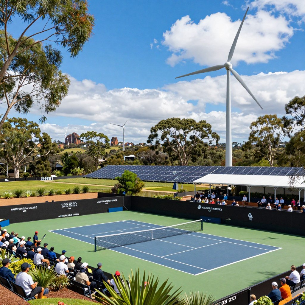 A vibrant scene showcasing the Australian Open's commitment to sustainability and the environment. In the foreground, a modern tennis court made from eco-friendly materials, surrounded by lush greenery and native Australian plants. Spectators in professional attire are enjoying the match, respecting nature. In the middle ground, wind turbines and solar panels are visible, symbolizing renewable energy. The background features a clear blue sky with a few fluffy clouds and the iconic Australian landscape, including eucalyptus trees and rocky formations. The lighting is bright and natural, creating an uplifting and hopeful atmosphere. Capture this scene from a slightly elevated angle to emphasize the integration of sports and sustainability. A vibrant scene showcasing the Australian Open's commitment to sustainability and the environment. In the foreground, a modern tennis court made from eco-friendly materials, surrounded by lush greenery and native Australian plants. Spectators in professional attire are enjoying the match, respecting nature. In the middle ground, wind turbines and solar panels are visible, symbolizing renewable energy. The background features a clear blue sky with a few fluffy clouds and the iconic Australian landscape, including eucalyptus trees and rocky formations. The lighting is bright and natural, creating an uplifting and hopeful atmosphere. Capture this scene from a slightly elevated angle to emphasize the integration of sports and sustainability.