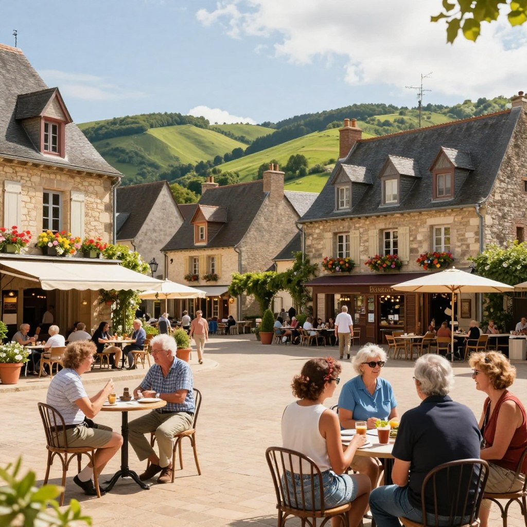 A vibrant scene showcasing the regional languages of Northern France, with a charming village square in the foreground. Include diverse individuals of various ages engaging in conversation, dressed in modest casual clothing, representing the multicultural spirit of the region. The middle ground features traditional French architecture, with quaint houses adorned with colorful flowers and small cafés, symbolizing community. The background reveals rolling green hills under a bright, sunny sky, casting warm, soft light that enhances the atmosphere of friendliness and cultural richness. Use a wide-angle lens to capture depth and detail, evoking a sense of connection to the region's culture and language diversity. The overall mood should feel welcoming and lively, celebrating the unique heritage of Northern France.