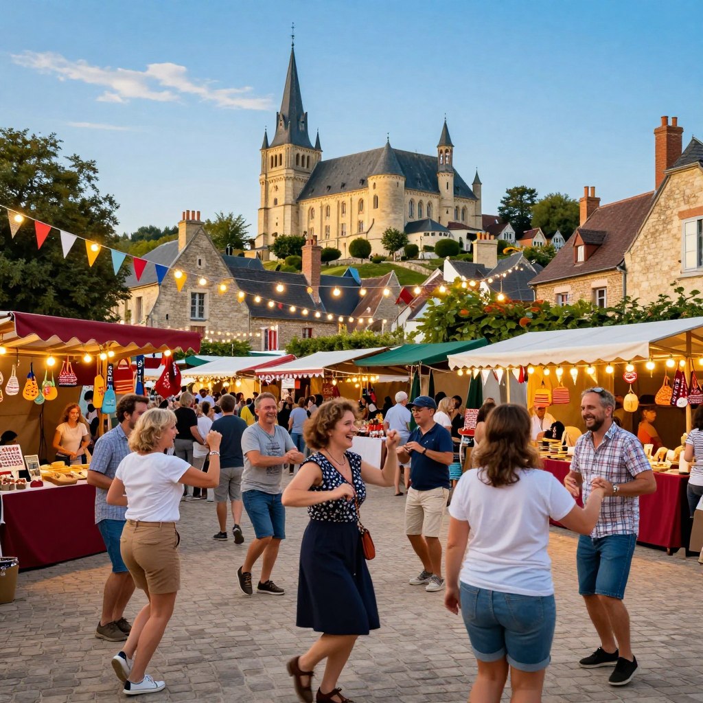A vibrant scene showcasing the traditional festivals of Northern France, capturing the essence of joyous celebration. In the foreground, a diverse group of people in modest casual clothing participates in lively festivities, dancing and laughing. The middle ground features colorful market stalls adorned with local crafts, food, and decorative bunting. Festive lights twinkle overhead, illuminating the scene with a warm, inviting glow. In the background, an iconic French village with charming, historic architecture is visible under a bright blue sky. Soft, golden sunlight bathes the entire scene, creating a cheerful and festive atmosphere that reflects the rich cultural traditions of the region. The composition should evoke a sense of community and celebration, inviting the viewer into this joyful moment.