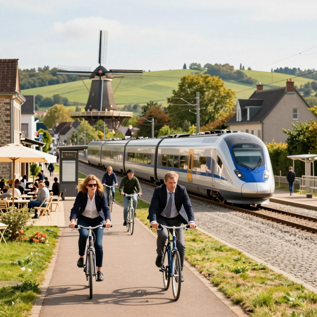 A vibrant scene showcasing transportation in northern France, featuring a modern high-speed train gliding along the picturesque landscape. In the foreground, a bicycle path invites cyclists, with people dressed in business casual clothing enjoying the ride. The middle ground highlights a charming cobblestone street lined with cafes and historic buildings, where a bus stop is visible with a local bus arriving. In the background, a windmill stands against rolling green hills under a bright, clear sky, symbolizing the blend of tradition and modernity. The lighting is warm and inviting, suggesting early afternoon. The focus is sharp on the foreground details, while a subtle bokeh effect softens the background, enhancing the overall atmosphere of liveliness and connectivity in this region.