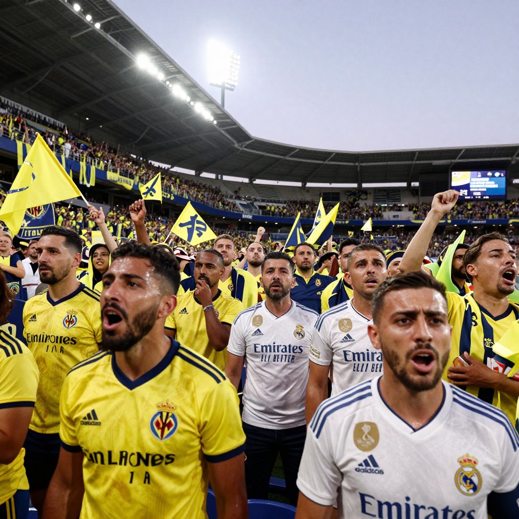 A vibrant sports scene capturing the reactions after the Villarreal vs Real Madrid match. In the foreground, a mixed group of fans dressed in Villarreal yellow and Real Madrid white jerseys display contrasting emotions: joy, disappointment, and excitement. A middle ground featuring a stadium filled with enthusiastic supporters waving flags and banners, with some celebrating and others reflecting on the game. In the background, iconic stadium elements like floodlights illuminating the scene under a twilight sky, creating a dynamic ambiance. The focus is sharp on the fans' expressions, highlighting their passion for football. The atmosphere is intense and lively, showcasing the highs and lows of the match experience, with warm lighting casting a festive yet emotional glow across the arena. A vibrant sports scene capturing the reactions after the Villarreal vs Real Madrid match. In the foreground, a mixed group of fans dressed in Villarreal yellow and Real Madrid white jerseys display contrasting emotions: joy, disappointment, and excitement. A middle ground featuring a stadium filled with enthusiastic supporters waving flags and banners, with some celebrating and others reflecting on the game. In the background, iconic stadium elements like floodlights illuminating the scene under a twilight sky, creating a dynamic ambiance. The focus is sharp on the fans' expressions, highlighting their passion for football. The atmosphere is intense and lively, showcasing the highs and lows of the match experience, with warm lighting casting a festive yet emotional glow across the arena.