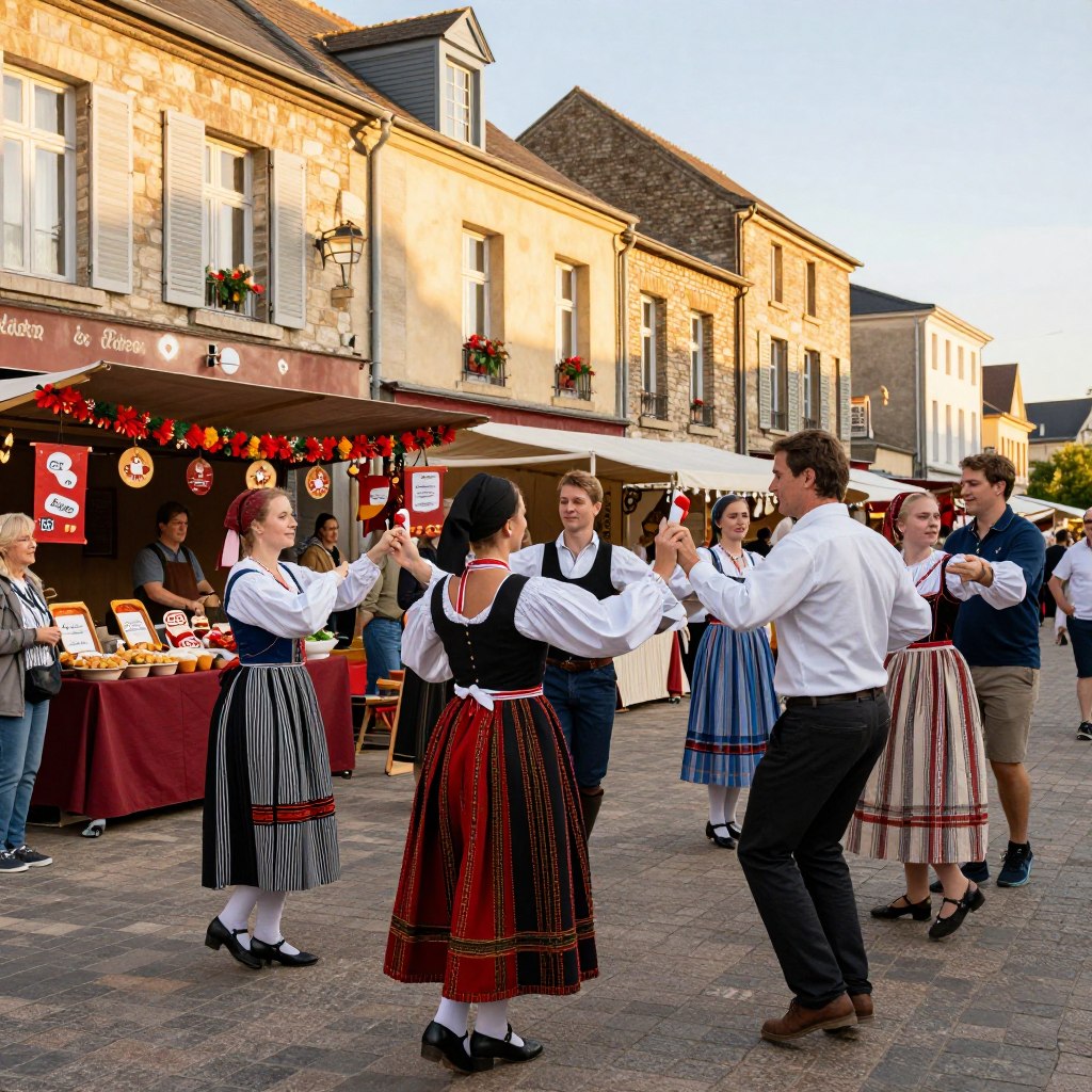 A vibrant street scene capturing the essence of local traditions and festivals in Northern France. In the foreground, a group of elegantly dressed people in modest casual clothing engaged in a lively folk dance, showcasing traditional costumes in rich, colorful fabrics. In the middle ground, stalls adorned with festive decorations display local crafts and foods, with visitors sampling regional delicacies. The background features charming old buildings typical of Northern French architecture under a soft, golden afternoon light, casting a warm glow over the scene. The atmosphere is joyful and festive, evoking a sense of community and celebration, inviting viewers to immerse themselves in the rich cultural heritage of the region. The image should be taken from a slight upward angle to capture the lively details and ambiance effectively.