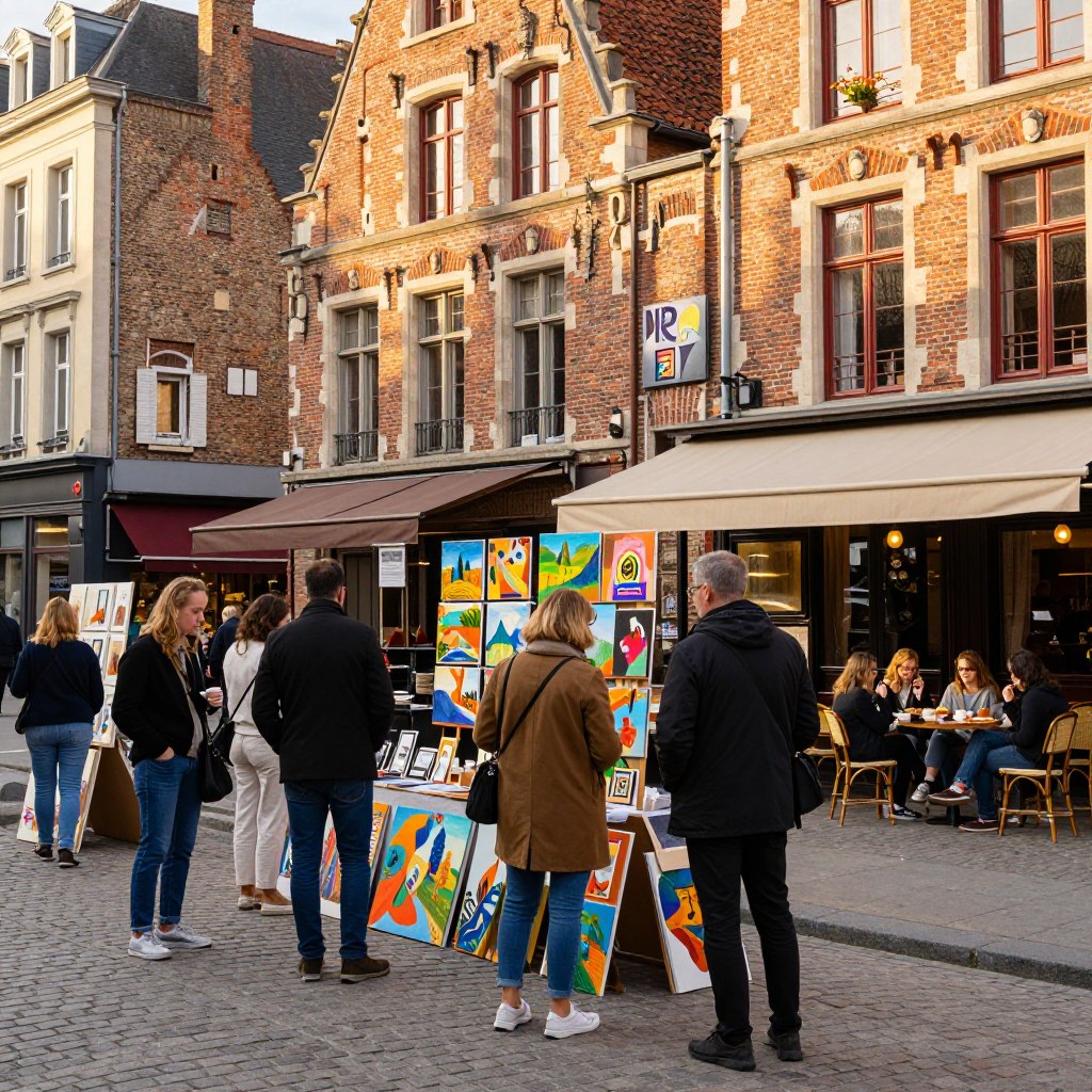 A vibrant street scene depicting the artistic culture of Northern France. In the foreground, a diverse group of people, dressed in smart casual attire, engages in a lively outdoor art market, showcasing colorful paintings and handmade crafts. In the middle ground, historic brick buildings with intricate facades and art installations create a charming backdrop, reflecting the region's rich artistic history. A warm, golden light bathes the scene, creating a welcoming atmosphere, while soft shadows enhance the texture of the cobbled streets. The background features a classic French cafe with outdoor seating, where patrons are enjoying coffee and pastries. The overall mood is one of creativity and community, inviting viewers to explore this unique cultural destination.