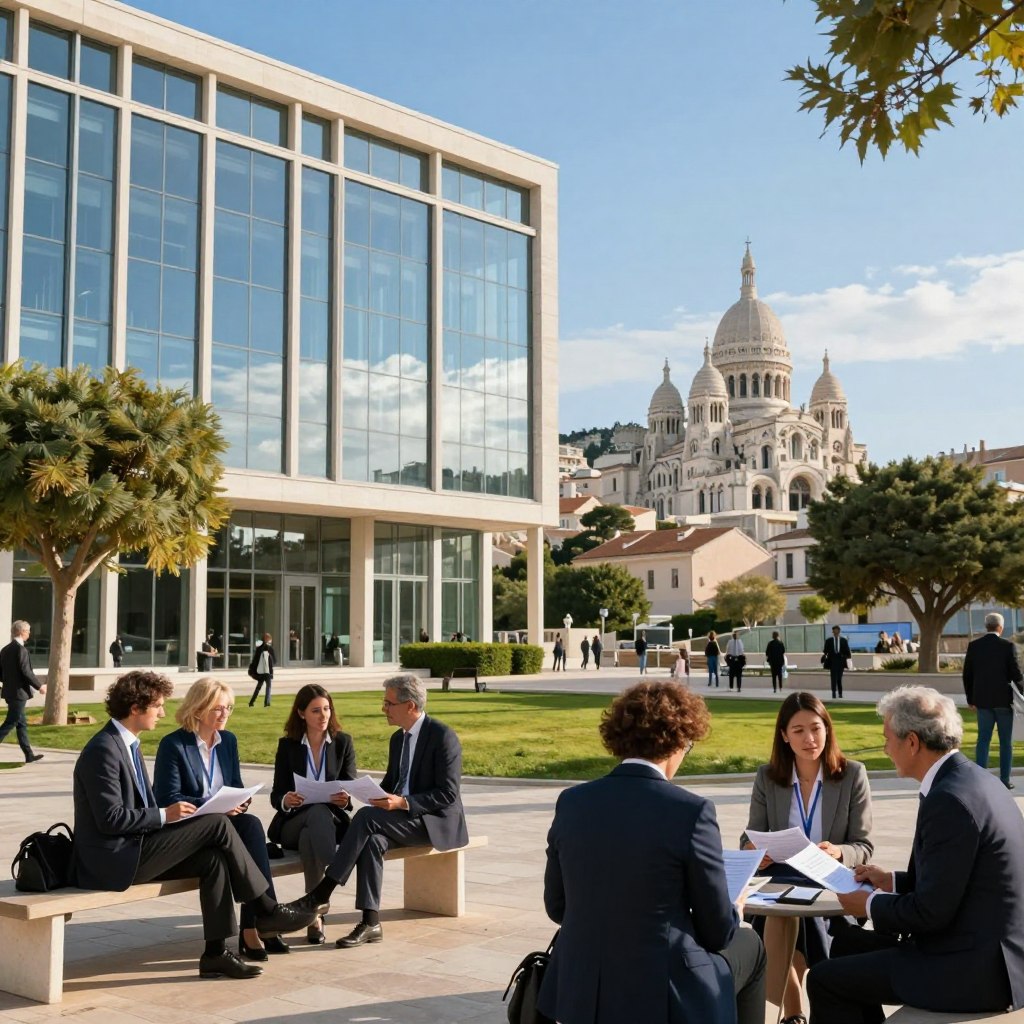 A vibrant view of the Centre des Finances Publiques in Marseille, showcasing an elegant, modern building with large glass windows reflecting the sunny Mediterranean sky. In the foreground, a diverse group of professionals in business attire engage in discussions, highlighting collaboration and transparency in public finance management. The middle ground features a well-manicured park with trees and benches, where individuals read reports and analyze financial documents, symbolizing accountability. In the background, iconic Marseille landmarks like the Notre-Dame de la Garde rise majestically, bathed in warm sunlight. The atmosphere is optimistic and dynamic, with a clear blue sky overhead, soft shadows, and a slight breeze creating a sense of openness and community spirit.